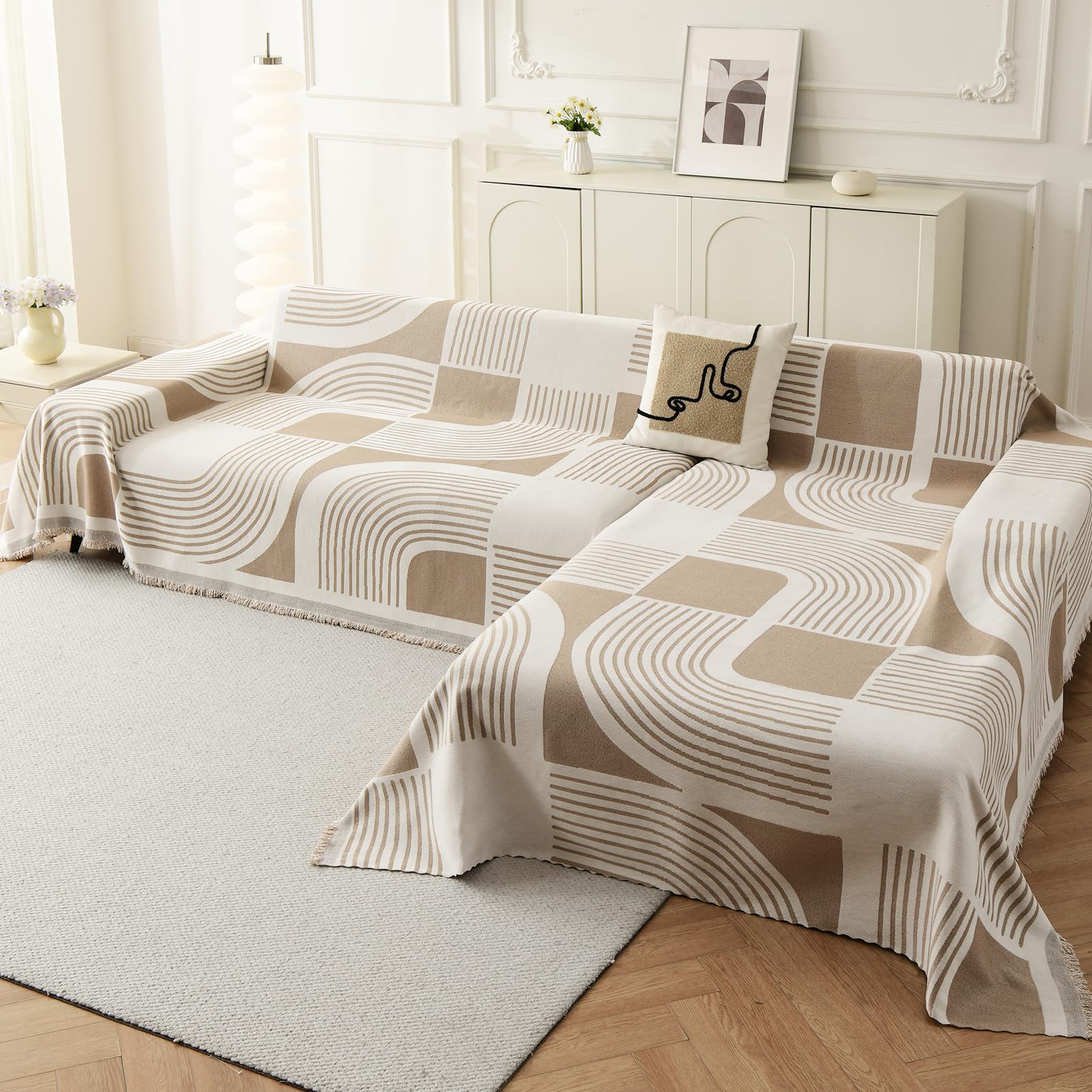 WEYOND Copridivano con Penisola, 2 Pezzi, 180 x 300cm + 180 x 260cm, Kaki | Telo Copridivano in Ciniglia, Antiscivolo e Antimacchia Copridivano Angolare, Universale per 2/3/4 Posti