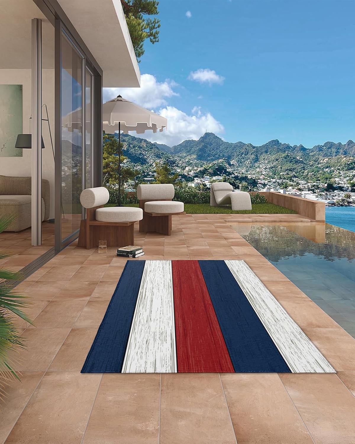 Outdoor Patio Rugs 4th of July Red White and Blue Outdoor Area Rug Farmhouse Non-Slip Outdoor Camping RV Rug/Deck Rug/Porch Rug Front Door Carpet, 4x6 Ft, Retro Rustic Barn Wood Texture