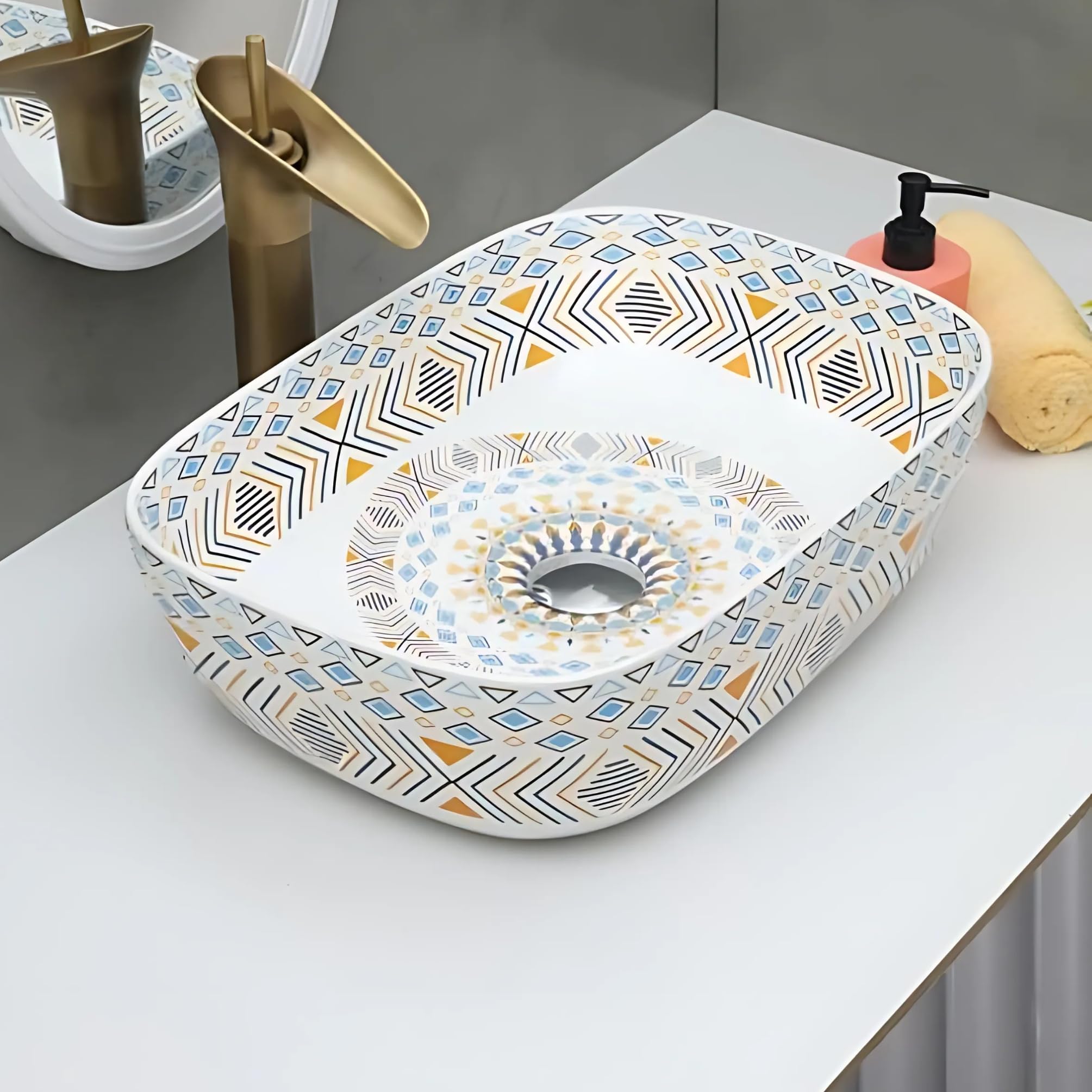 SEA SHORE Premium Antique Designer Ceramic Table Top Polished Finish Slim Rim Wash Basin Vessel Sink (46.5x32.5x13 CM, Multicoloured White) (B0CSW24X8M) Amazon Price History, Amazon Price Tracker
