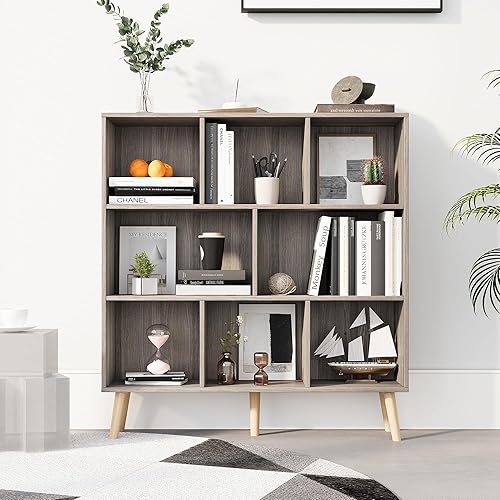 DIFY Estantería de madera abierta de 8 cubos con patas, estante organizador de almacenamiento para sala de estar, oficina en casa y dormitorio,