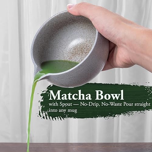 Miniatura 3 de Juego de batidor de matcha gris con textura de piedra con boquilla de vertido, kit de matcha japonés con cuenco de cerámica hecho a mano, batidor de