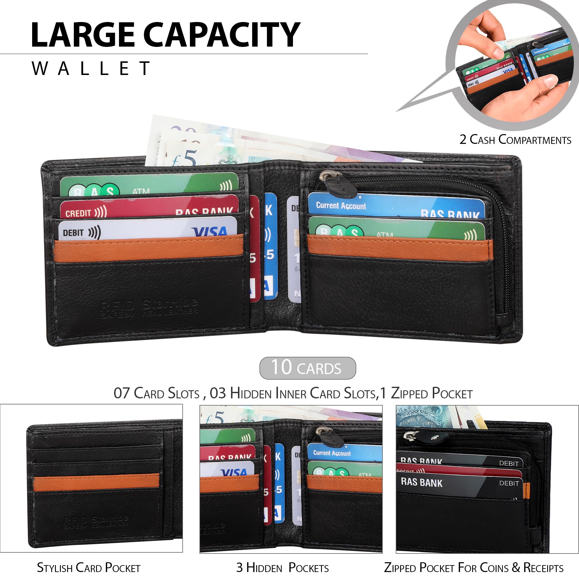 STARHIDE Men's Wallets RFID Blocking Top Grain Soft Real Leather Wallet With A Secure Zipped Coin Pocket Purse Gift Boxed - 110 (Black)