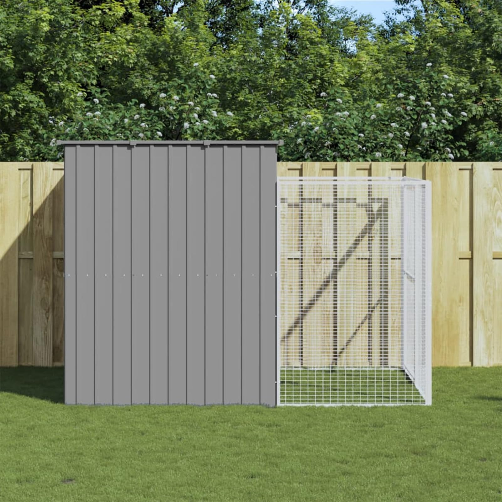 Homgoday Cuccia per Cani con Recinto in Acciaio Zincato, Grigio Chiaro, 214x253x181 cm, con Tetto e Porta, Ideale per Cani di Taglia Media