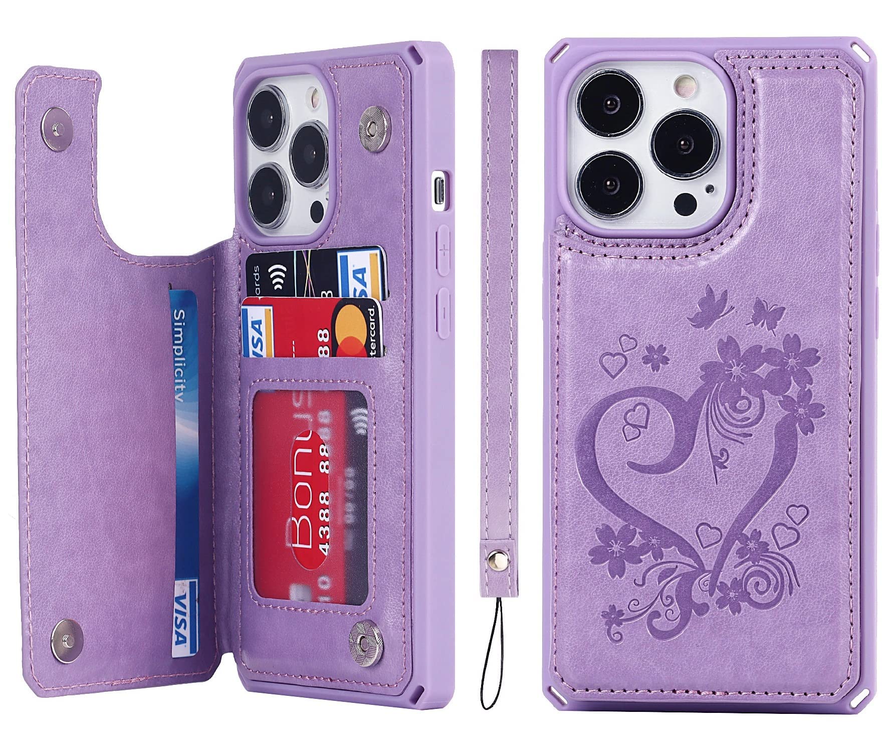 iCoverCase for iPhone 13 Pro Phone Case with Card Holder, iPhone 13 Pro Wallet Case for Women with Strap, RFID Blocking Embossed Leather Kickstand Case for iPhone 13 Pro 6.1 Inch (Heart Purple)