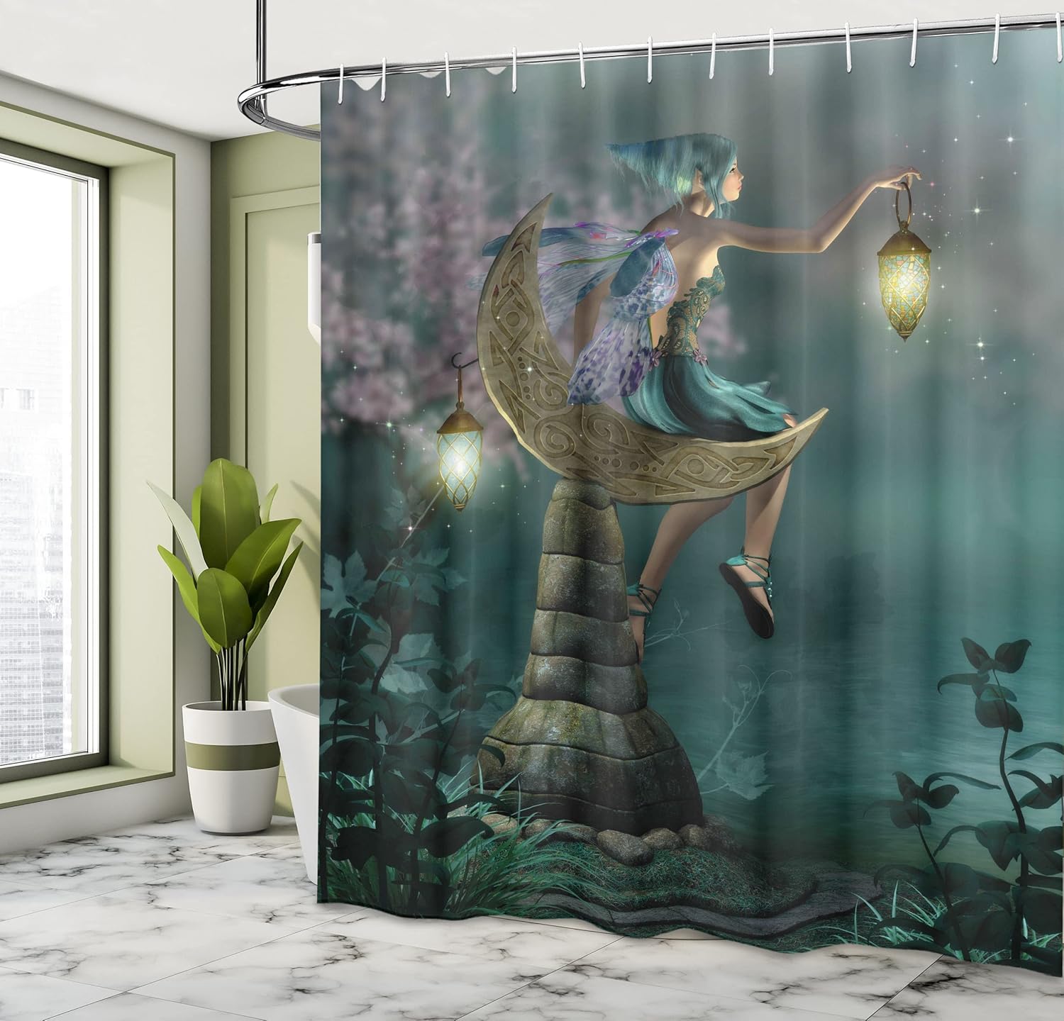 Ambesonne Fantasy Shower Curtain, Little Pixie Elf Forest Woodland Sitting Moon Stone Myth Illustration Art, Cloth Fabric Bathroom Decor Set with Hooks, 69" W x 70" L, Yellow Lilac Teal
