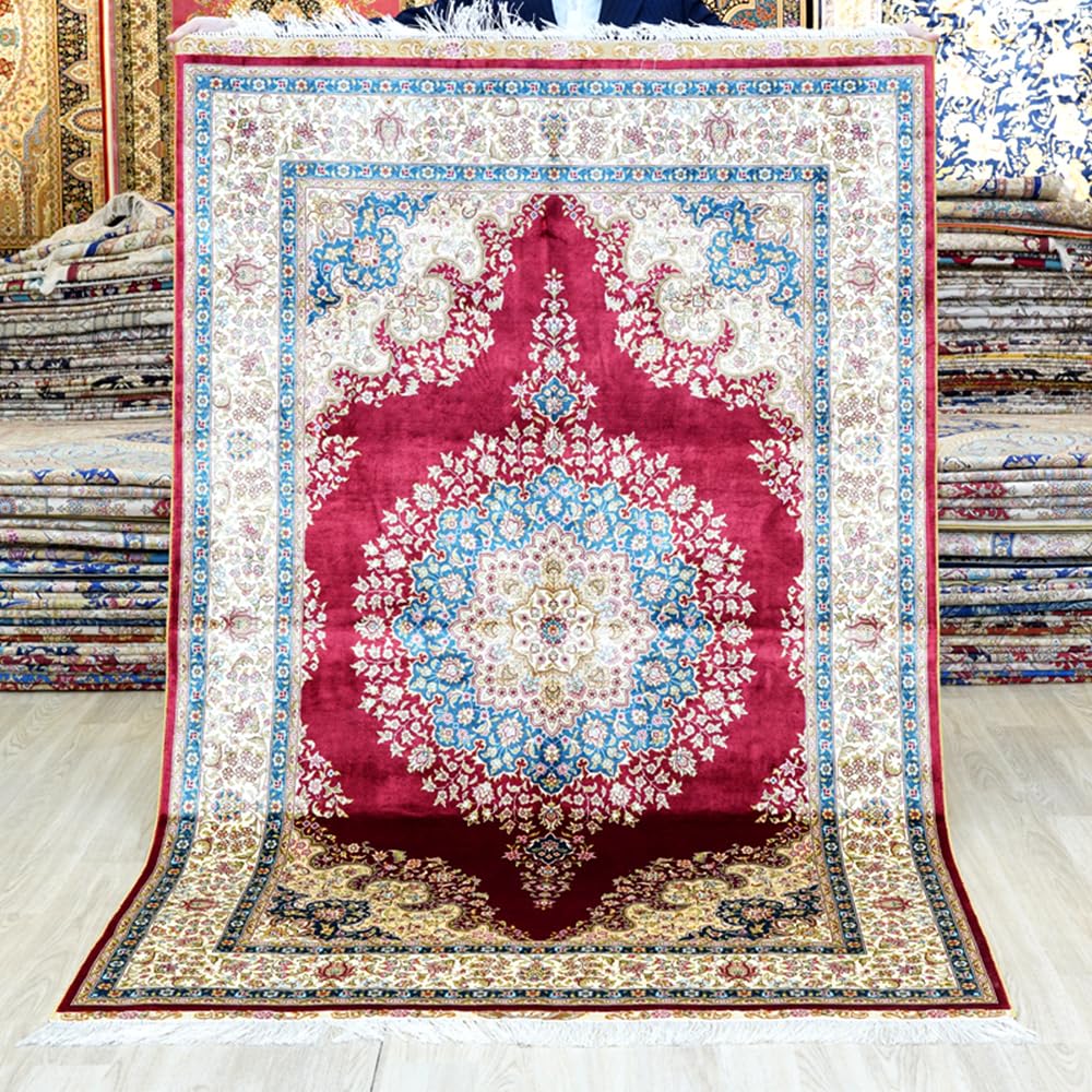 Silk Carpet 4x6 Red Hand Knotted Traditional Medallion Vintage Luxury Oriental Silk Area Rug for Bedroom