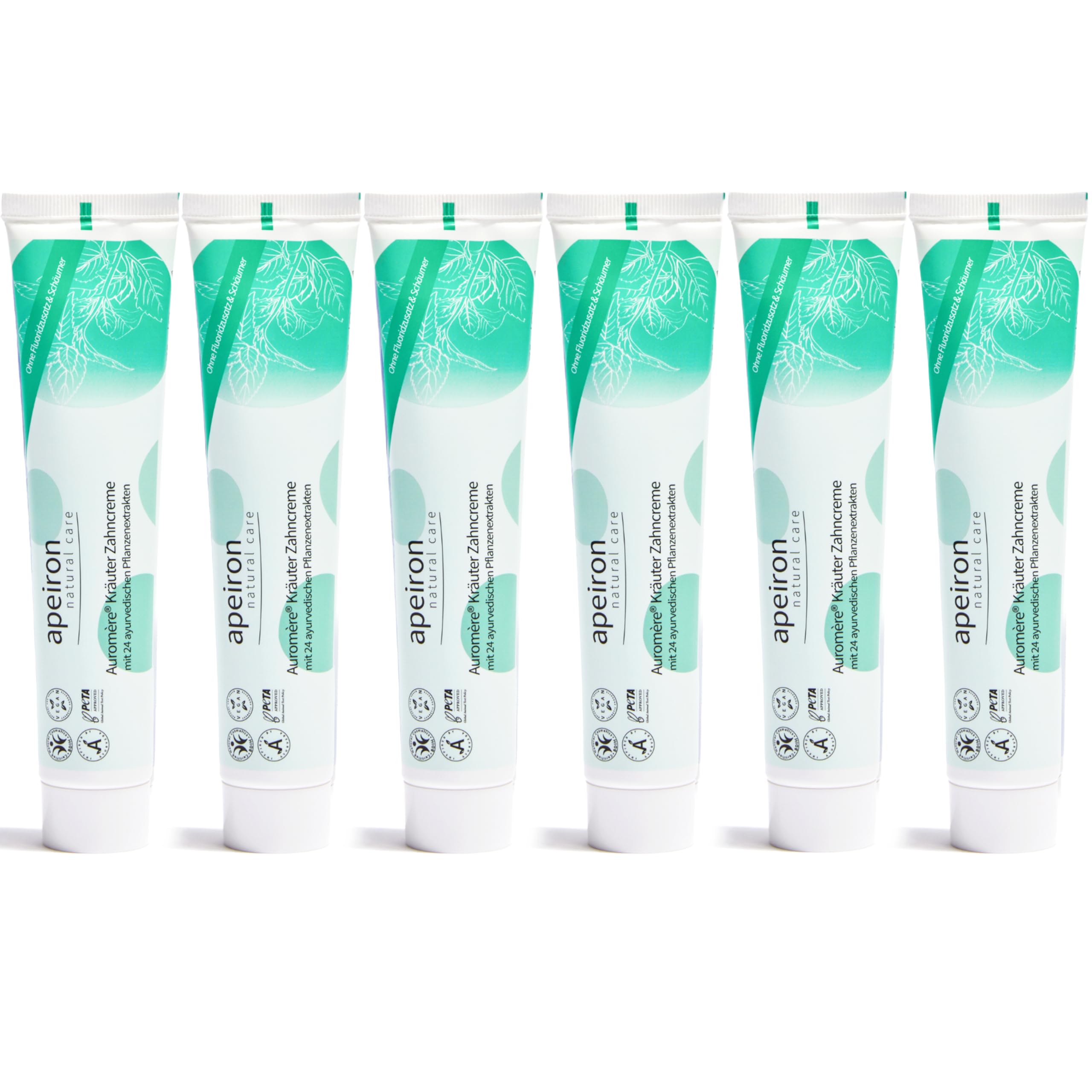 APEIRON - Dentifricio con erbe aromatiche auromiche, 6 x 75 ml, gusto ricco di erbe aromatiche, poco schiumoso, dentifricio biologico, vegano, senza fluoro, cosmetico naturale