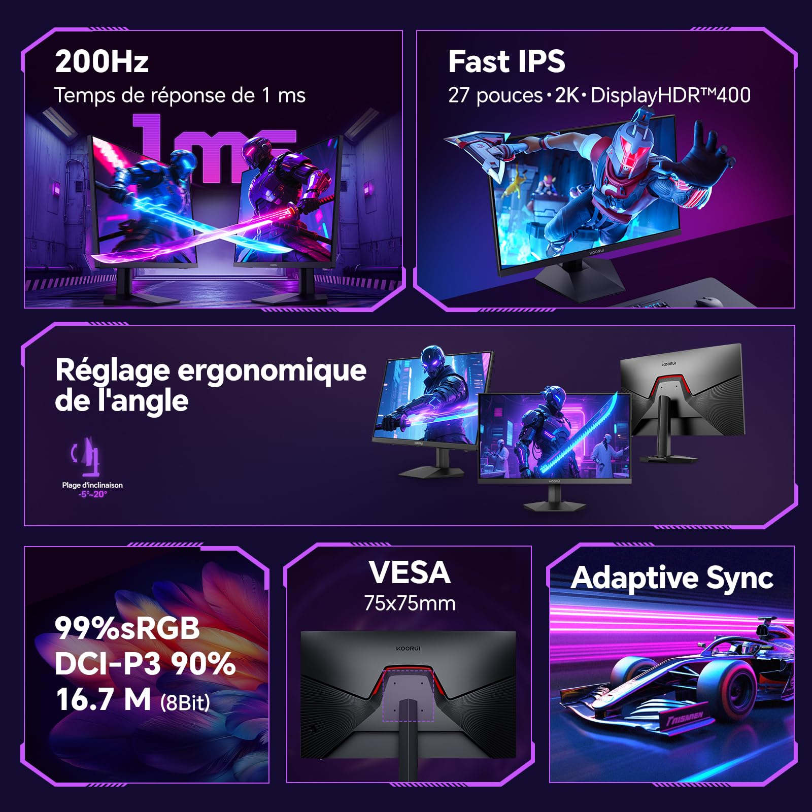 KOORUI 27 Pouces Ecran PC Gamer 200Hz WQHD HDR 400 Adaptive Sync HDMI/DP | Fast IPS, 1MS, DCI-P3 95%, SRGB 99%, WQHD 2560x1440, VESA 75*75mm, pour le travail de bureau ou les jeux
