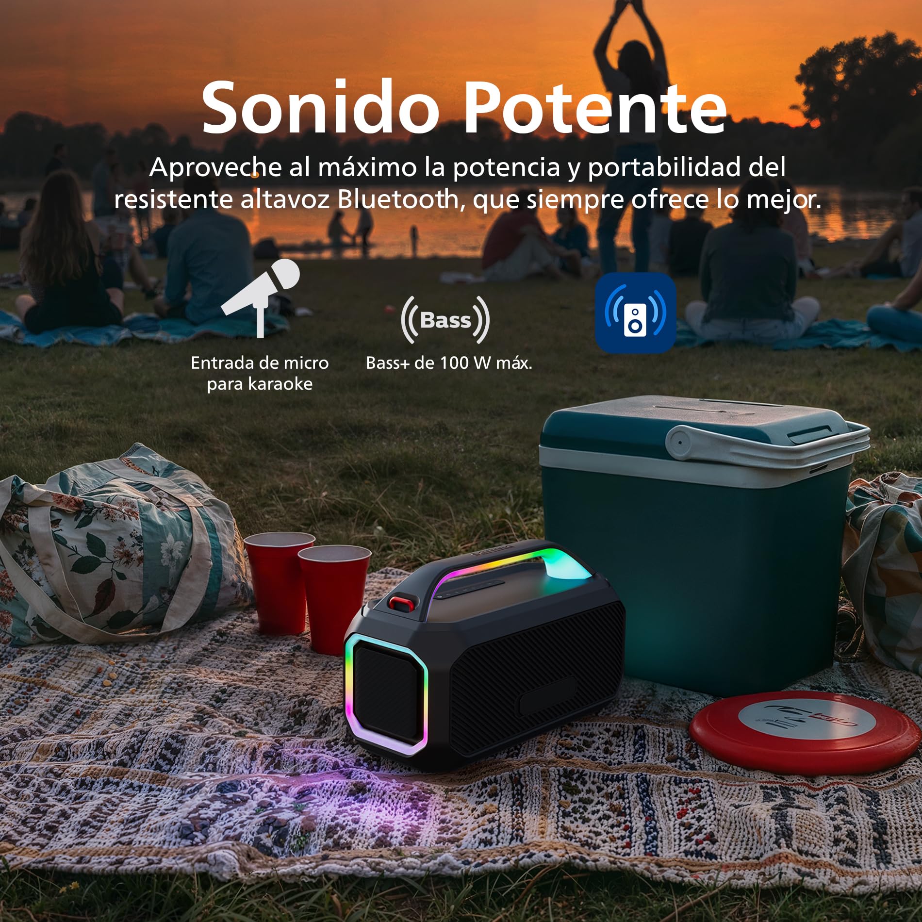 Philips TAS7000EB Altavoz Inalámbrico Bluetooth con Salida Máx.100 W, Bass+, Luces LED, Auracast, IP67, 24 H Reproducción, Batería Externa, Entrada Micro, Batería Intercambiable – Negro