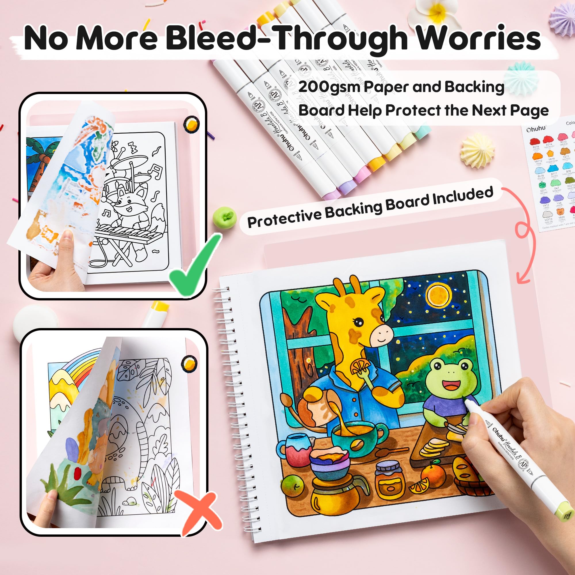 Ohuhu Honolulu B, 48 pennarelli a colori con libro da colorare con libro da colorare, pennello certificato AP e punta fine, ricaricabili, per adulti, illustrazione, regalo per alleviare lo stress