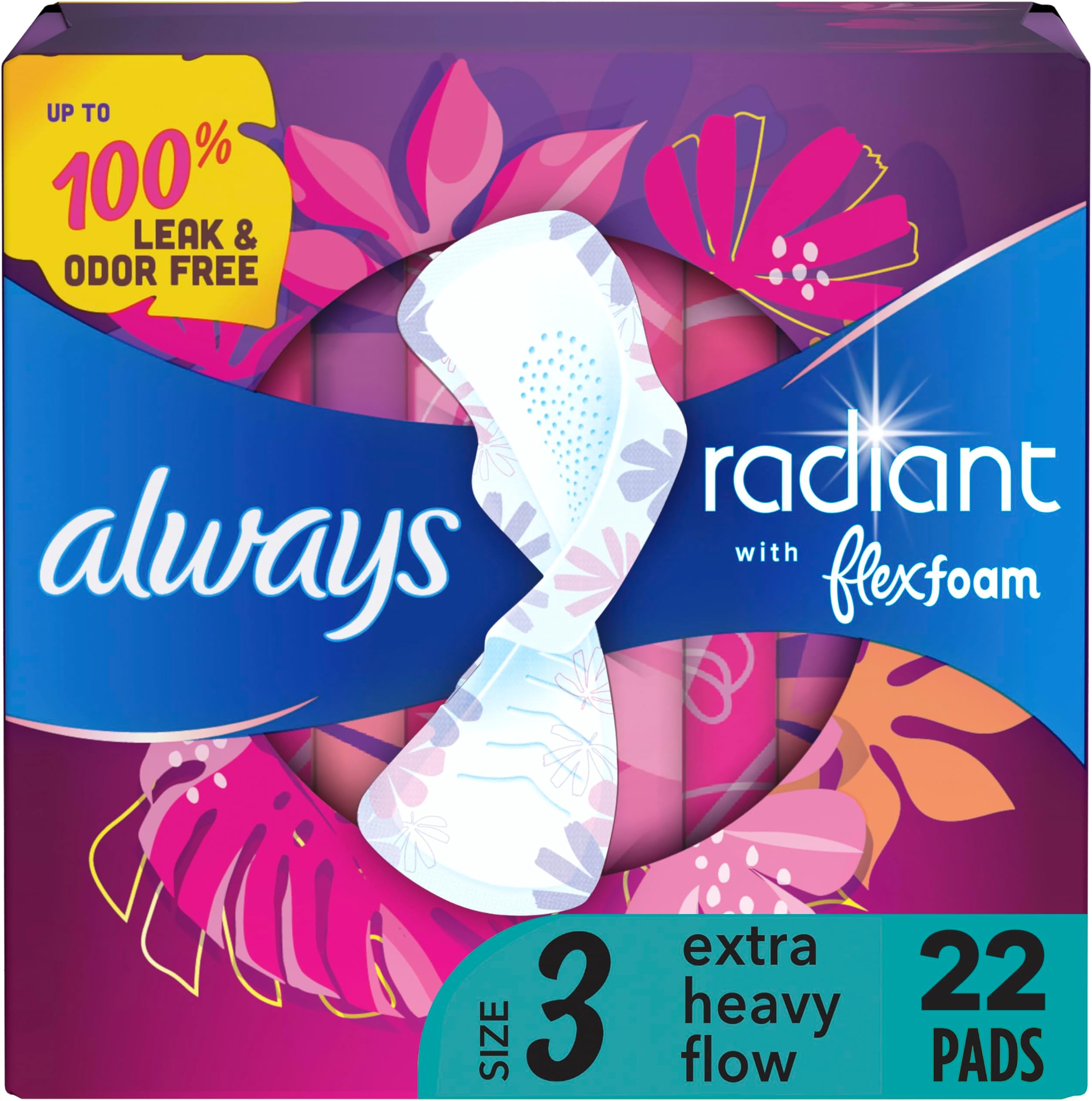 Always Radiant Feminine Pads For Women, Size 3 Extra Heavy Flow Absorbency, With Flexfoam, With Wings, Scented, 22 Count