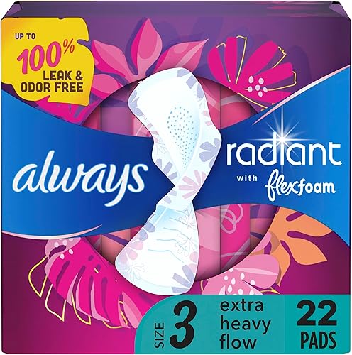 Always Almohadillas femeninas radiantes para mujer, tamaño 3, absorción de flujo extra pesado, con espuma flexible, con alas, perfumadas, 22 unidades