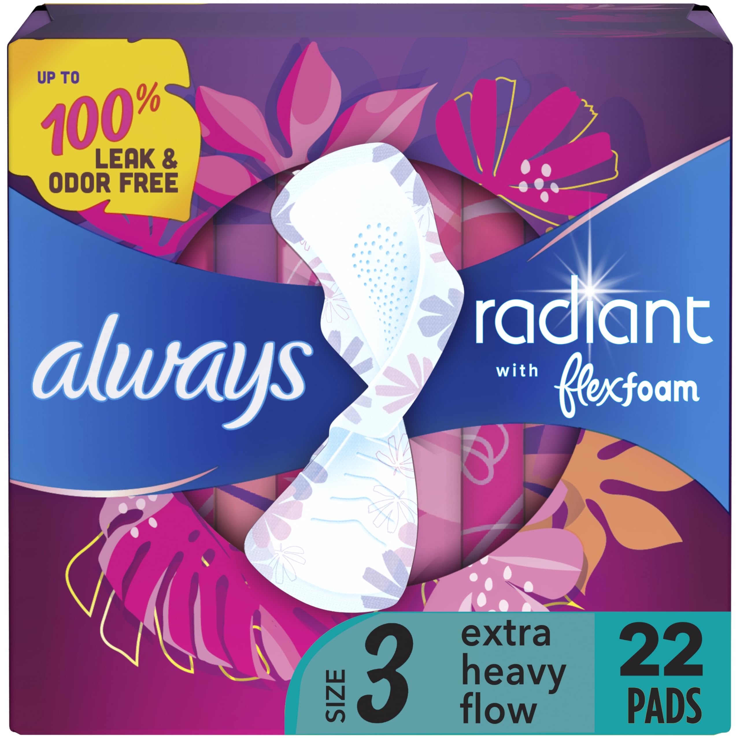 Always Radiant Feminine Pads For Women, Size 3 Extra Heavy Flow Absorbency, With Flexfoam, With Wings, Scented, 22 Count