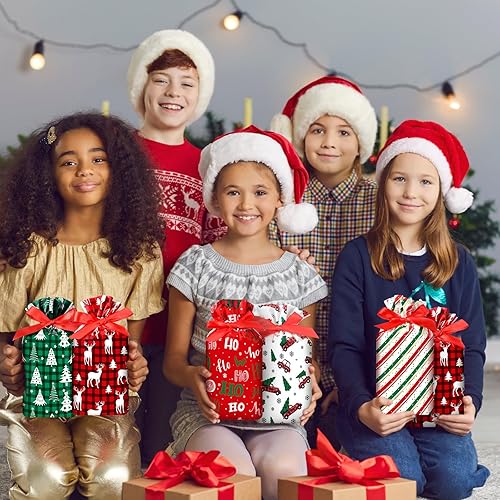 Miniatura 4 de Funrous 50 Piezas Bolsas de Navidad con Cordón Bolsas de Regalo de Plástico con Cordón de Navidad Bolsa de Dulces a Cuadros de Búfalo de Navidad