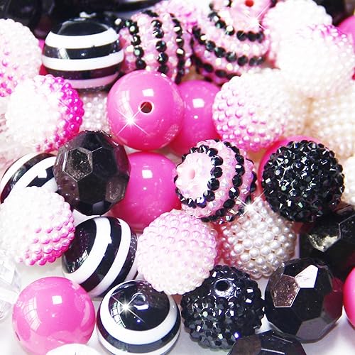 Exway 48 Pcs 20mm Black Pink Acrylic Resin Rhinestone Bubblegum Beads, Round, Large, Sparkly Craft Beads for Pen, Beadable Keychain, Bracelet, Necklace, DIY Jewelry Making Supplies