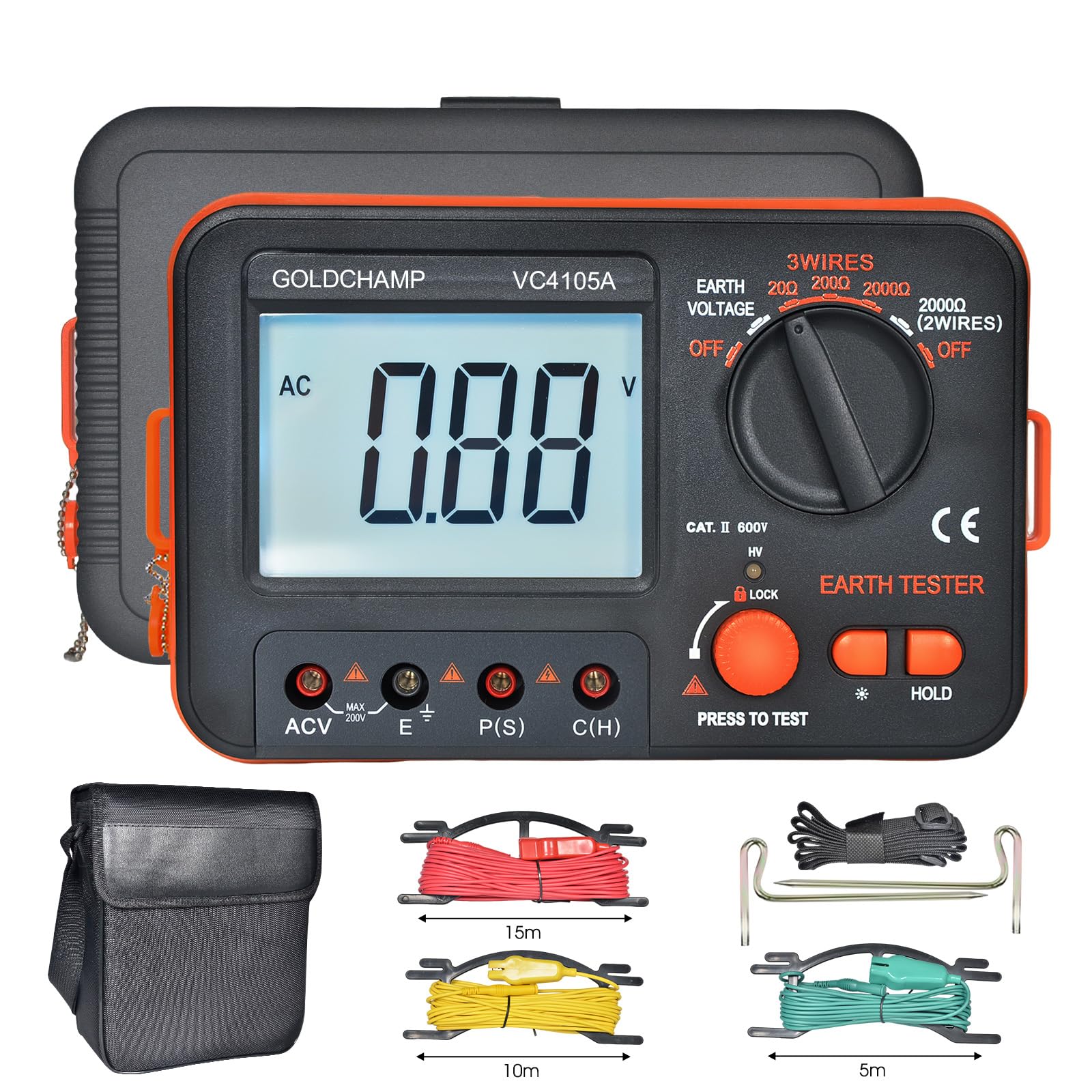 Isolationswiderstandsmessgerät 200 Ω/2000 Ω/20000 Ω, 200 V Wechselspannung, Überlastschutz, hintergrundbeleuchtetes LCD-Display mit 1999 Stellen, Batteriestandsanzeige, Erdungswiderstandsmessgerät