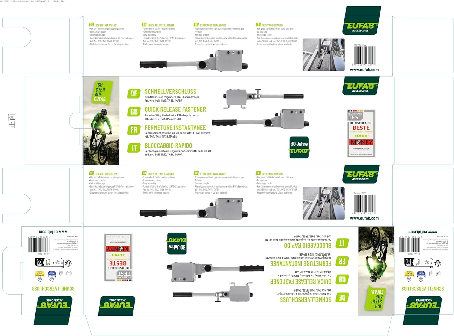 Unfolded packaging showing installation diagrams for EUFAB Quick Lock