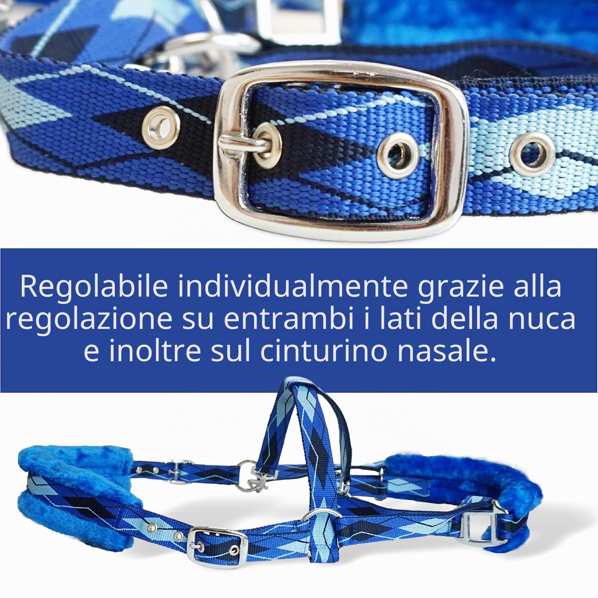 Pferdelinis Cavezza per cavalli in pelliccia cavezza foderata blu nelle taglie xfull cavezza pony, Cob, sangue caldo (blu, pony)