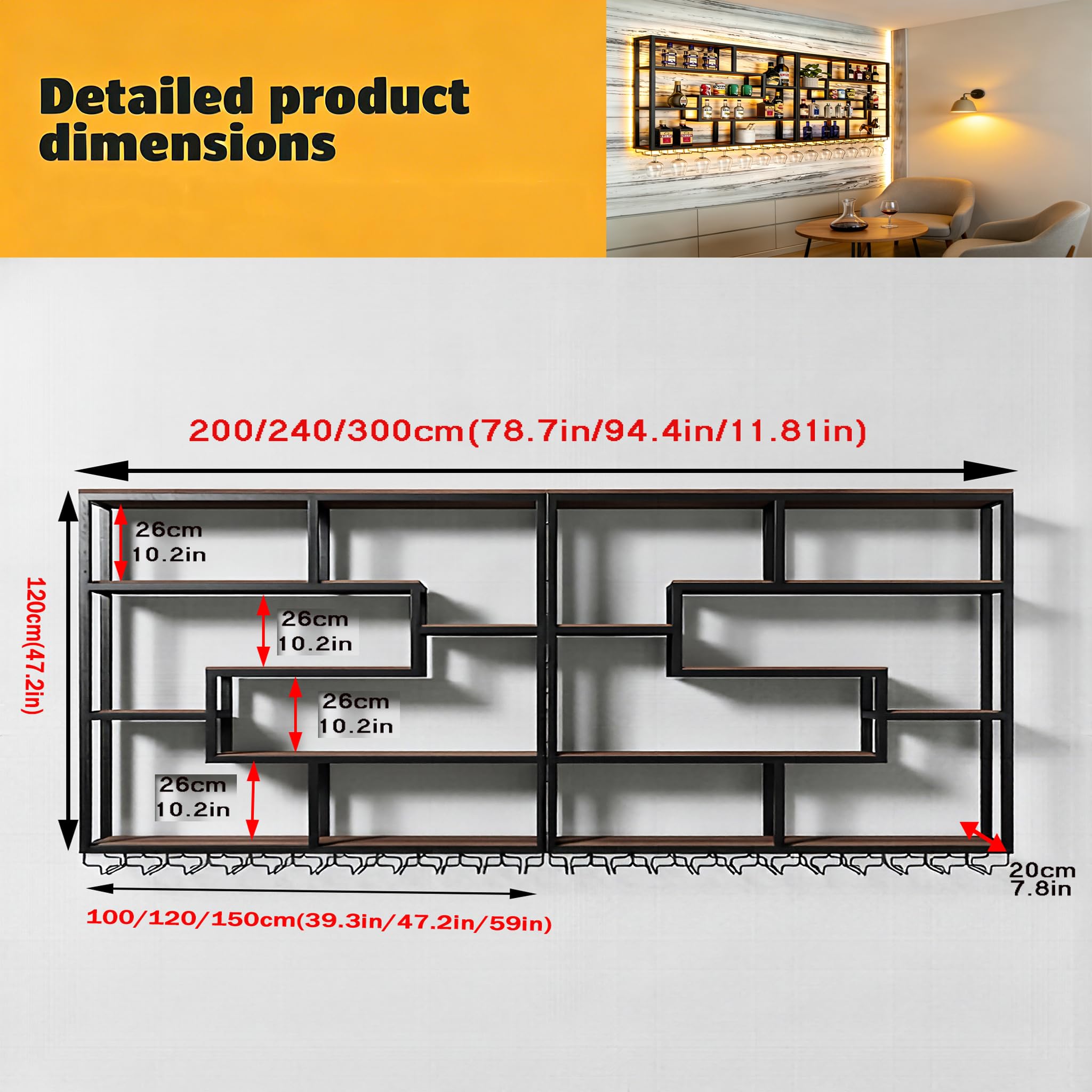 200CM Botellero Pared Vino Negro 200cm con LED y Portacopas | De hierro y madera estilo industrial. Gran capacidad, módulos combinables. Incluye tira LED. Ideal para bar, cocina y comedor