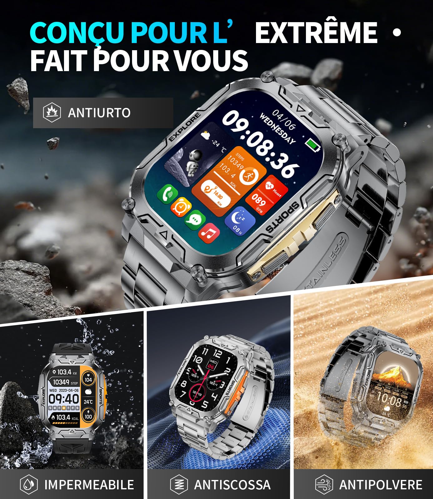 Orologio Smartwatch Uomo, Batteria 1000 mAh con Torcia LED, Orologio Sportivo Display HD 2.01" Quadrato, 100+ Modalità Sport, Impermeabile IP68, Compatibile con Android e iOS (Nero-Arancione)
