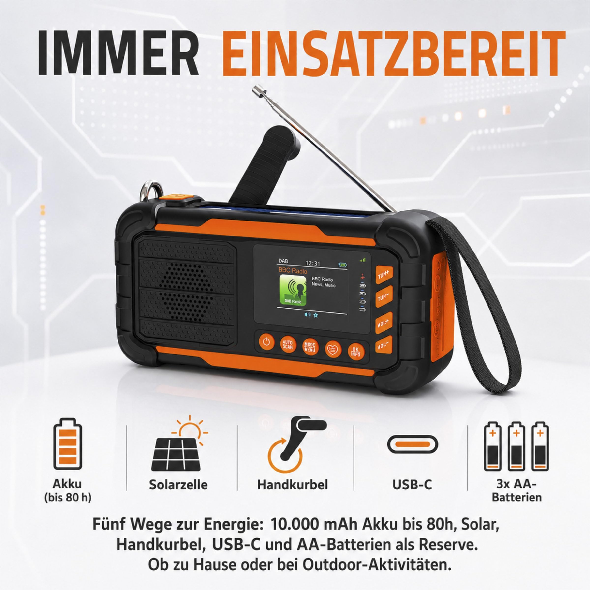 ration1 DAB+ Radio Kurbelradio Notfallradio mit Powerbank, Solar & Kurbel | 10.000 mAh, 80 h Laufzeit, USB-C, Bluetooth 5.3, 2 Zoll Display, Radiowecker, SOS, AA-Reserve, ASA Funktion, Baustellenradio