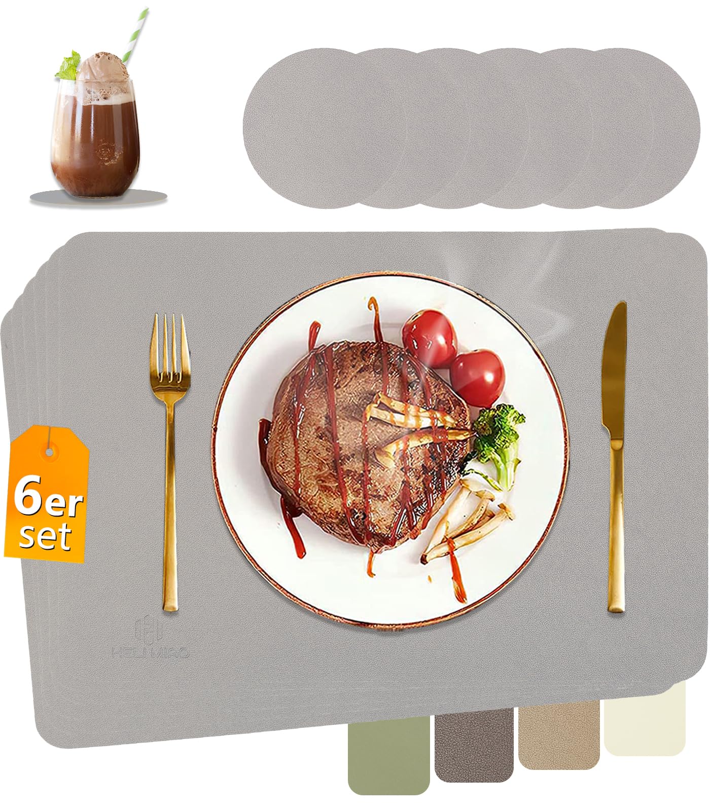 HELI MIAO Tischsets Abwaschbar,Platzsets Abwischbar, Leder,Hitzebeständig Doppelseitigen I 6er Set Platzdeckchen Lederoptik mit Untersetzer,Tischuntersetzer rutschfest,Salbeigrün