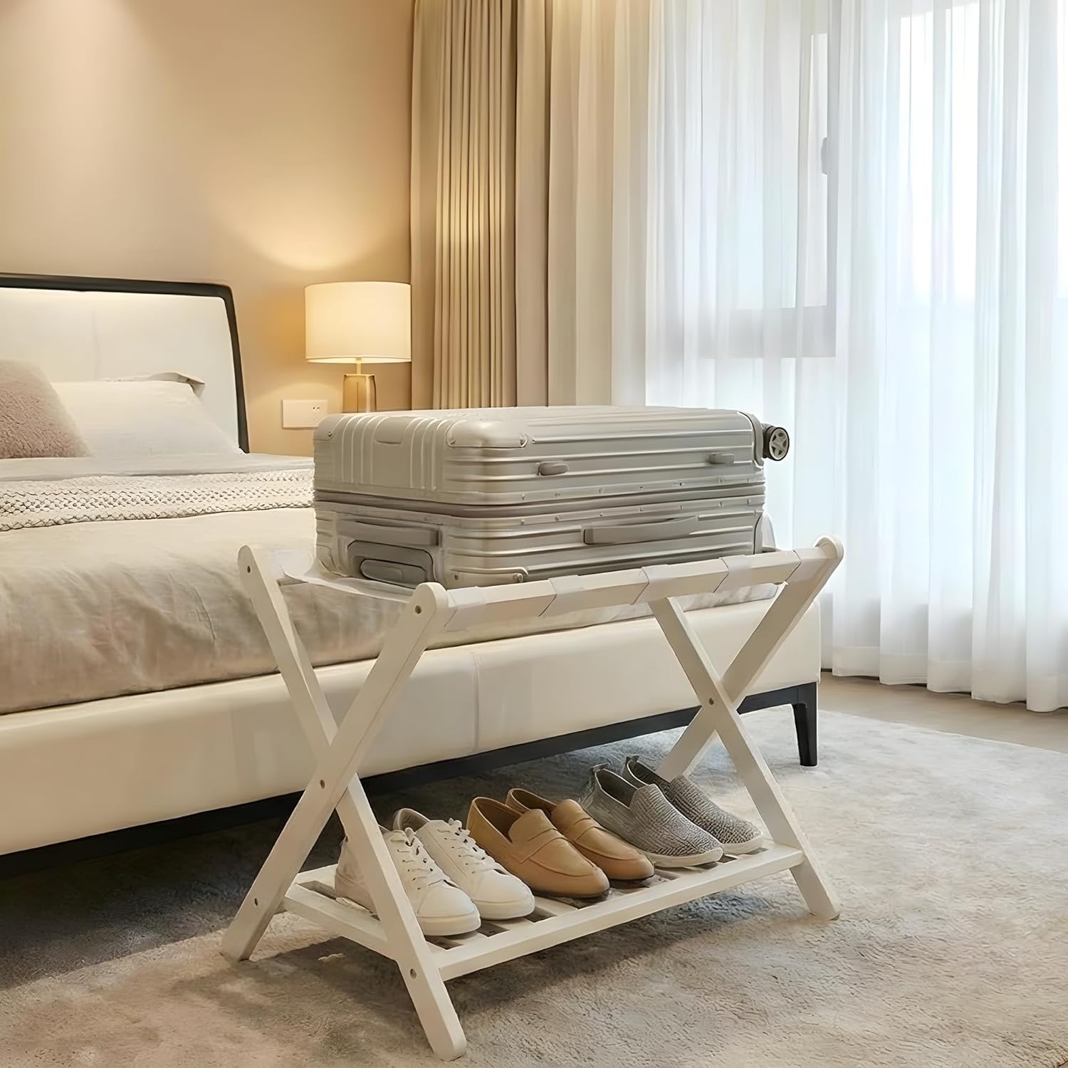 GAOMON Folding Luggage Rack with Storage Shelf Bamboo Suitcase Stand with Nylon Straps 2-Tier Luggage Holder for Guest Room Bedroom Hotel Holds Up to 110 Lbs