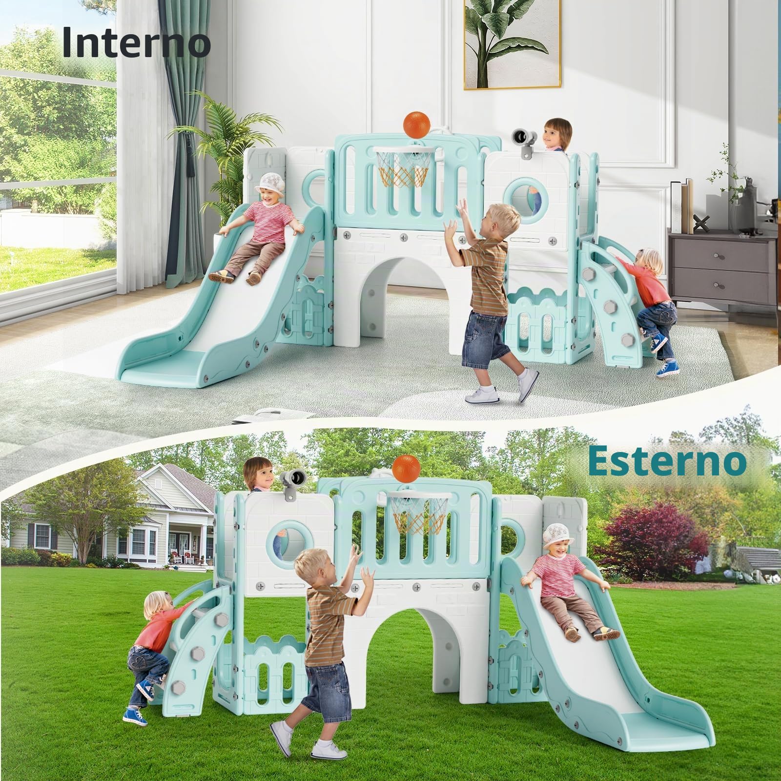 MAMIZO 9 in 1 Scivolo per Bambini, Scivolo Giocattolo da Interno o Esterno Canestri da Basket e Telescopi, Scivolo da Giardino Spazio di Deposito e Tunnel,2 anni e oltre,mit 2PCS Moduls,Verde e Bianco