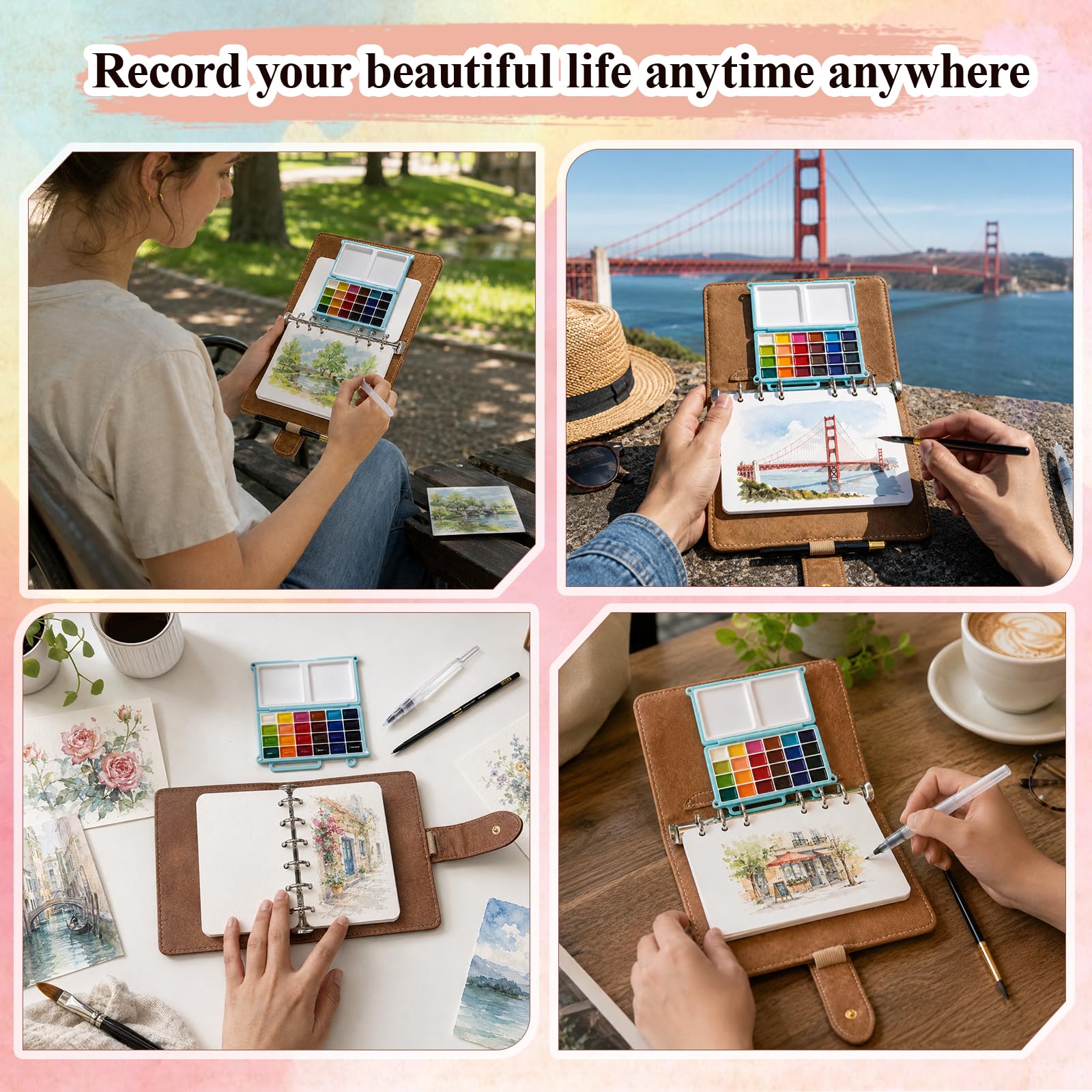 Set di pittura ad acquerello portatile da viaggio, 24 colori, scatola di pittura tascabile, 17,8 x 13 cm | 40 fogli di carta di cotone da 300 g/m² e 3 pennelli, album da disegno per artisti, pittura all'aperto e principianti