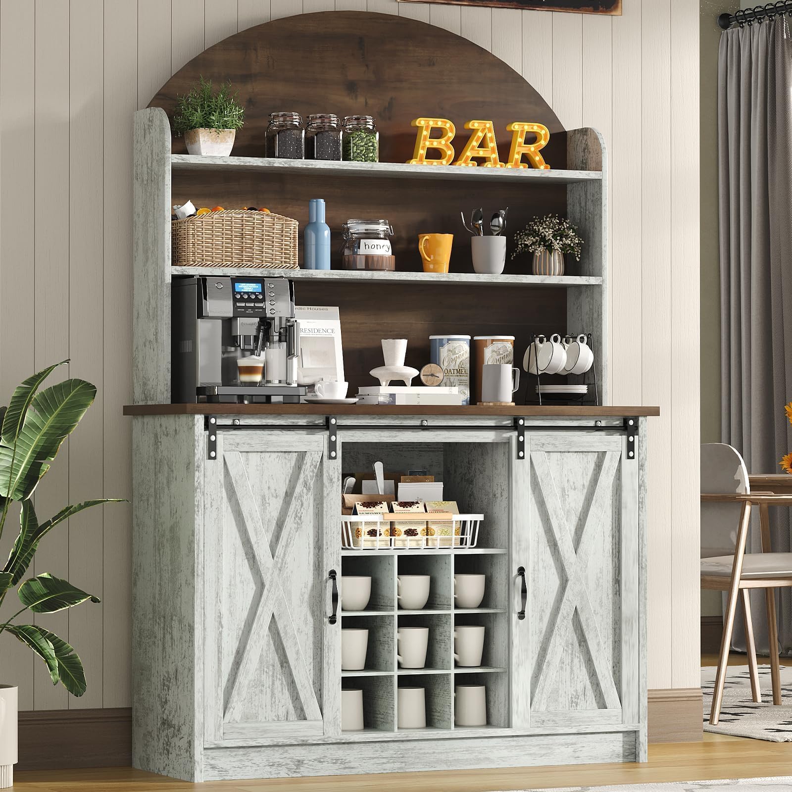 4 EVER WINNER 67" Tall Farmhouse Coffee Bar Cabinet, 47" Wide Coffee Hutch with Sliding Barn Door, 9 Wine Racks & Adjustable Shelves, Kitchen Cabinet for Dining Room, Grey