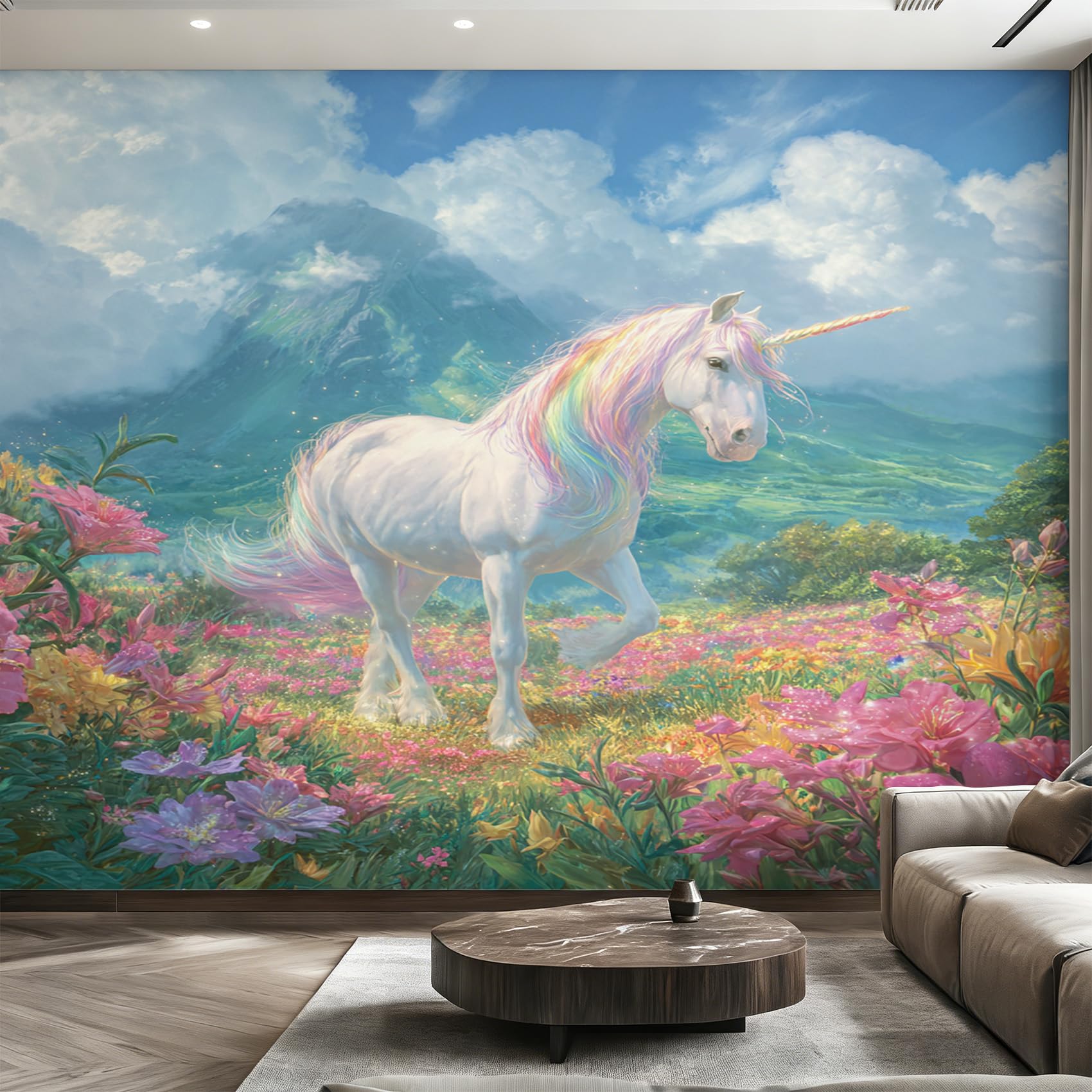 Fresque murale licorne pour créer un cocon féerique dans une chambre de filles fleurie