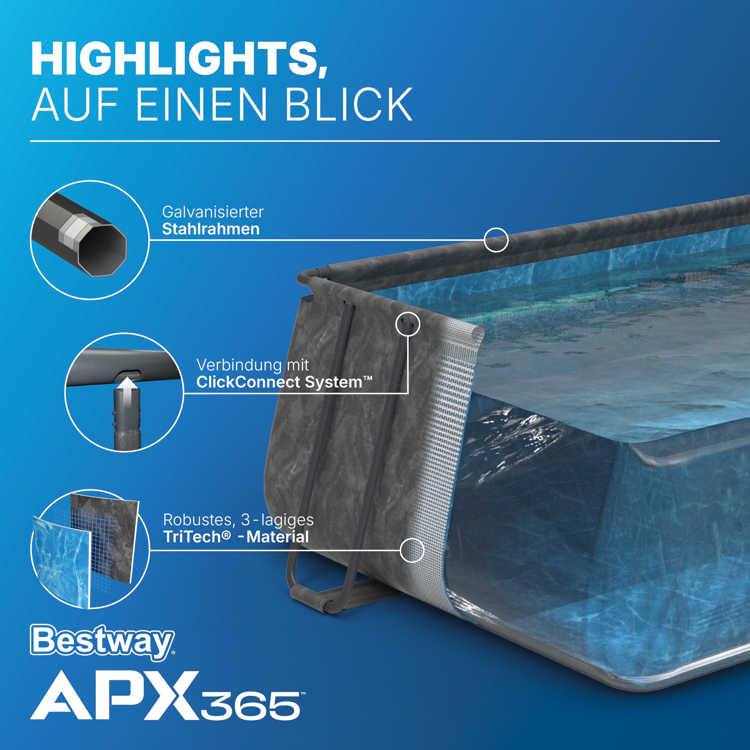 Bestway APX365 Winterfestes Frame Pool Set, Sandfilteranlage, 549 x 274 x 132 cm, 16.477 L, Stahlrahmen, Polar-Shield, Dunkle Marmor-Optik, Sicherheitsleiter, Abdeckplane, Werkzeugloser Aufbau, DEKRA