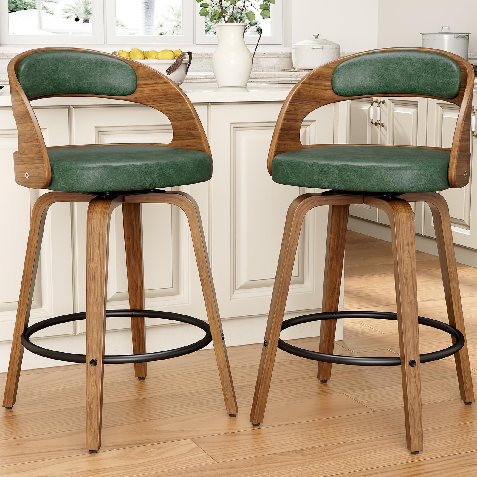 REONEY Swivel Bar Stools Set of 2, 26" Counter Height Bentwood Barstool, Mid-Century Modern PU Leather Upholstered Bar Chair with Back and Footrest,