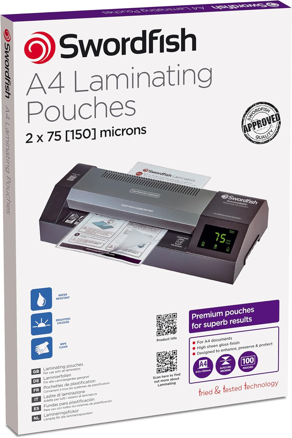 Swordfish A4 2 x 75 (150) Micron Laminating Pouches [Pack of 100] Ref: 48017
