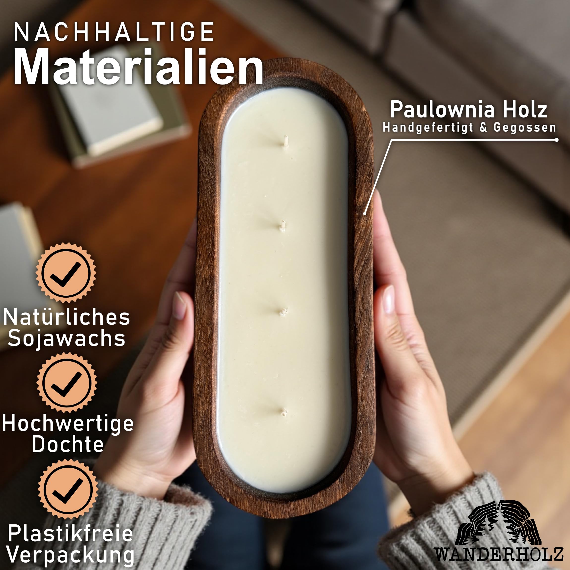 Sojawachskerze - Vierdochtkerze - Nachhaltige Mehrdochtkerze mit Sojawachs Kerzenwachs in einer Paulownia Holz Holzschale - Sojakerze Kerzen Groß Deko Wohnzimmer Kerze Dekoration Rustikal