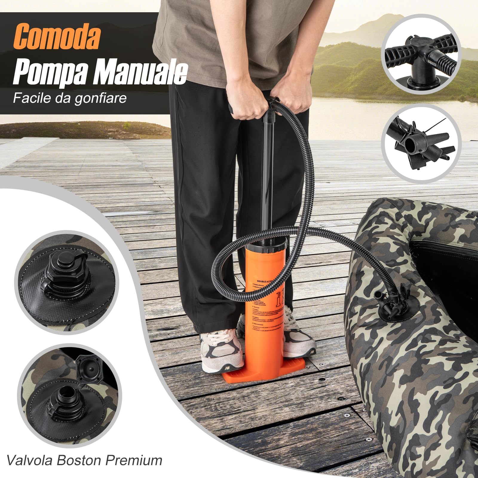GYMAX Gommone da Pesca Gonfiabile, Barca da Pesca Portatile con Tracolle Regolabili, Pompa Manuale, Pagaia, Pinne, Porta Canne da Pesca, Righello per Pesci, Stoccaggio