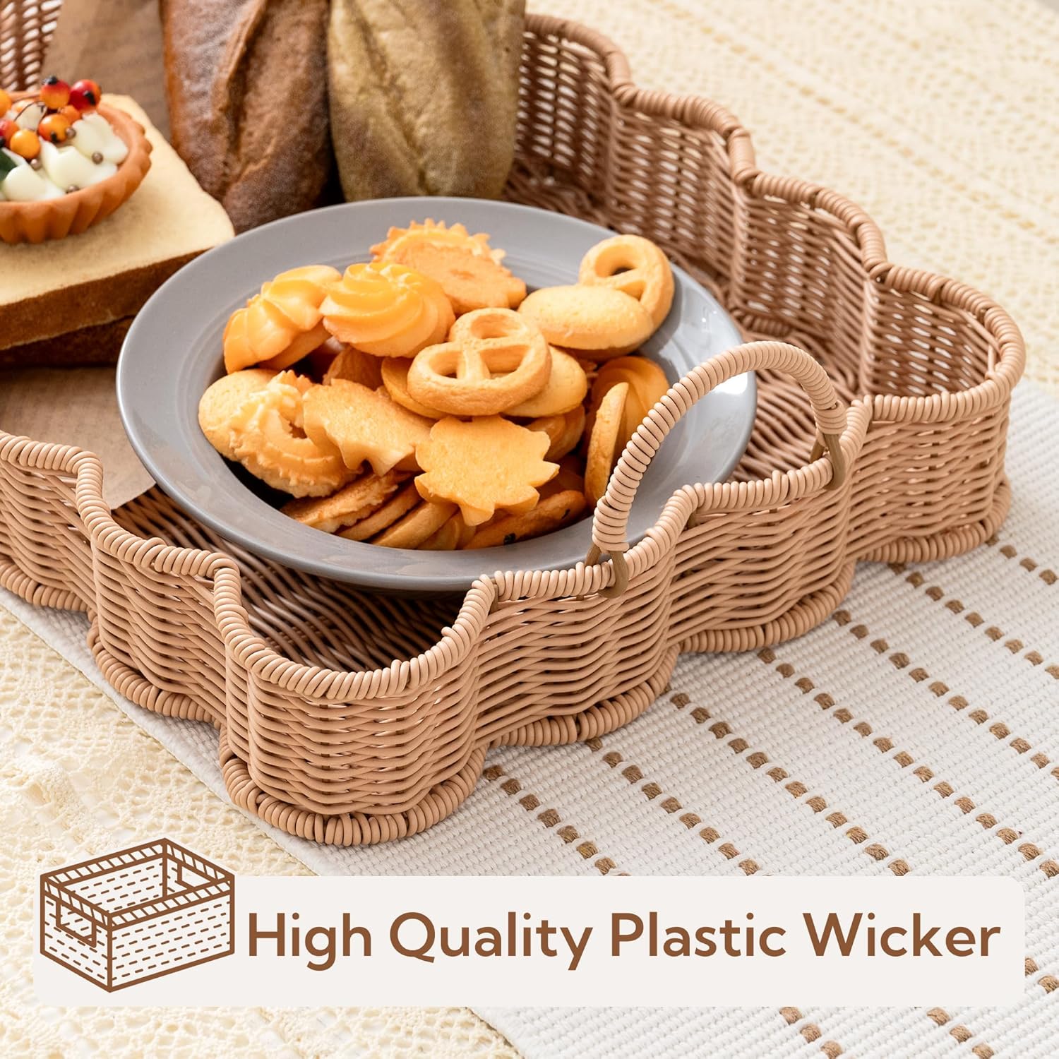 GRANNY SAYS Scalloped Edge Rectangle Wicker Serving Tray, Coffee Table Tray, Serving Trays with Handles, Decorative Tray for Entryway, Coffee Table, Woven Tray for Serving, 15 ¾"×11 ½"×2 ¼"