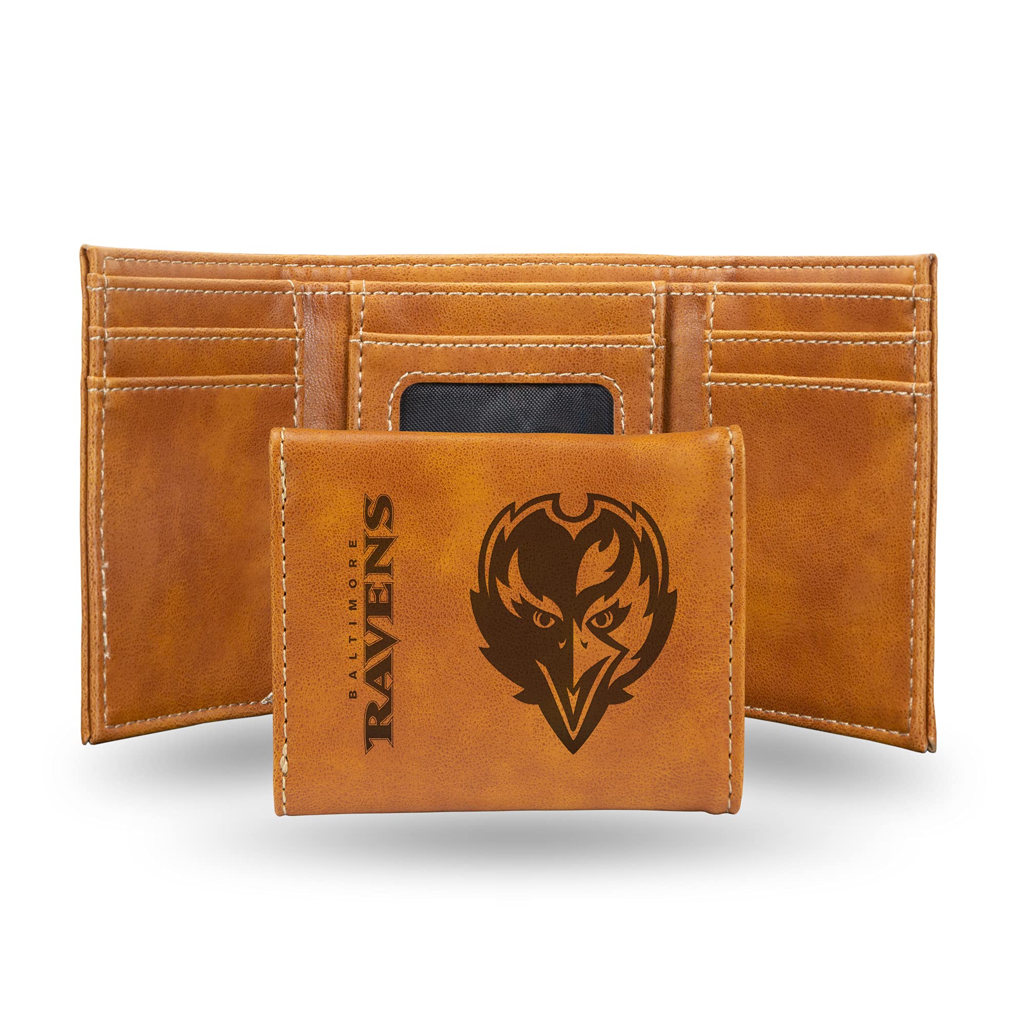 NFL Baltimore Ravens Men's Trifold Brown Wallet- Premium Laser-Engraved NFL Team Logo on Vegan/Faux Leather- Minimalist Design Includes ID Window and Credit Card Holder- Ideal Men's Gift