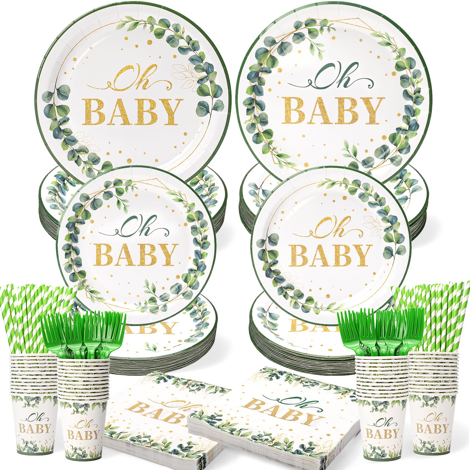 300 Pcs Oh Baby Plates and Napkins Tableware Set (Serves 50 Guests), Plates Napkins Cups Straws and Forks Sets Oh Baby Par...