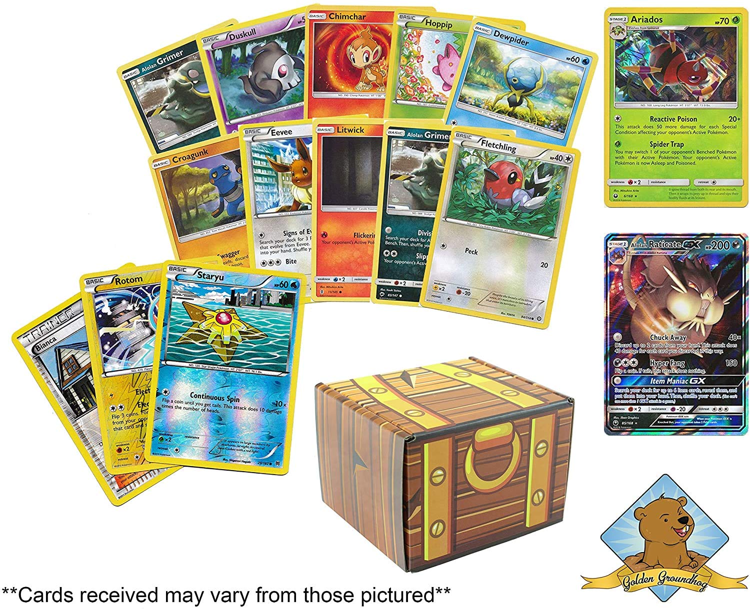 50 Pokemon Card Lot with 1 200 HP Or Higher Pokemon GX Ultra Rare! Pokemon  Foils and 1 Holo Rare! Includes Golden Groundhog Treasure Chest Box! :  Amazon.in: Toys & Games