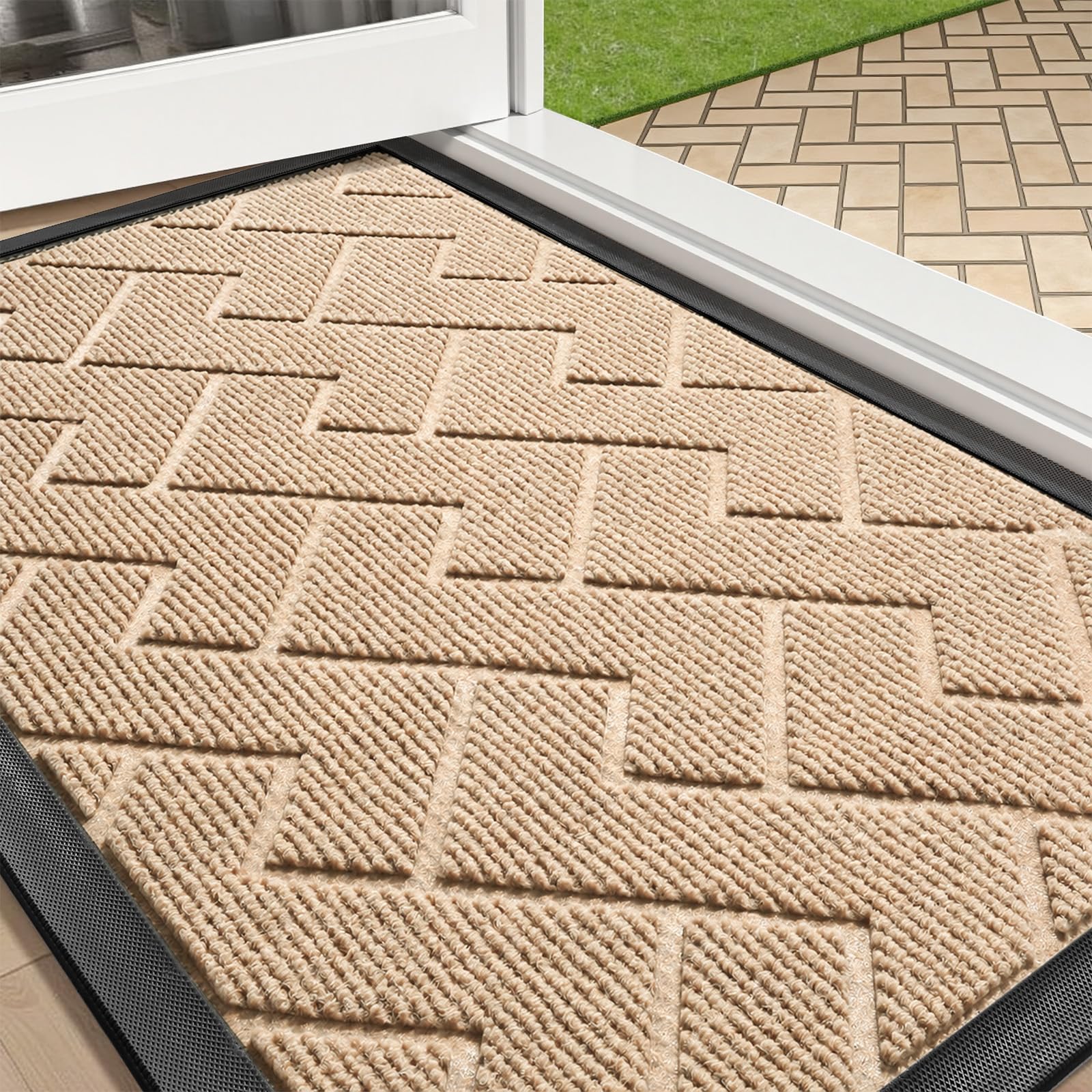 Tuocal Door Mat 58.5x89cm Beige, Non Slip Heavy Duty Doormat, Dirt Trapper Moisture Door Mats for Outdoor Indoor, Easy Clean Natural Rubber Backed Floor Mat for Entrance, Hallway, Front Door, Patio