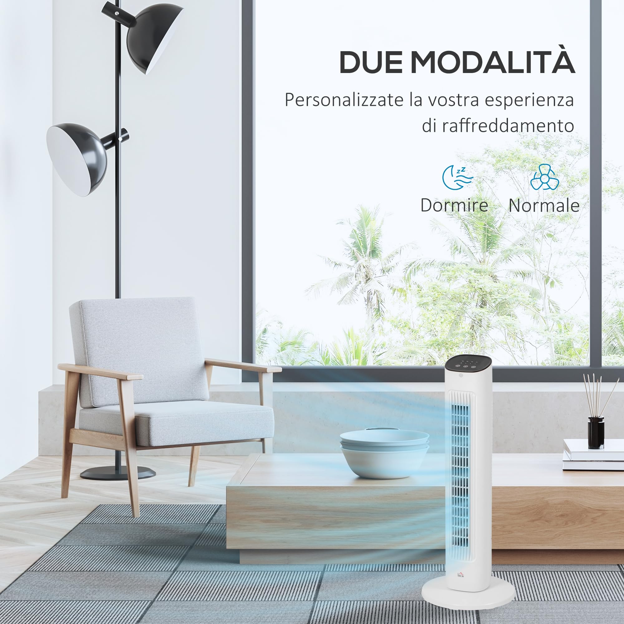 HOMCOM Ventilatore a Torre con Telecomando e 3 Velocità, Ventilatore a Colonna con Timer 15 Ore, Oscillazione e Modalità Silenzioso, Bianco
