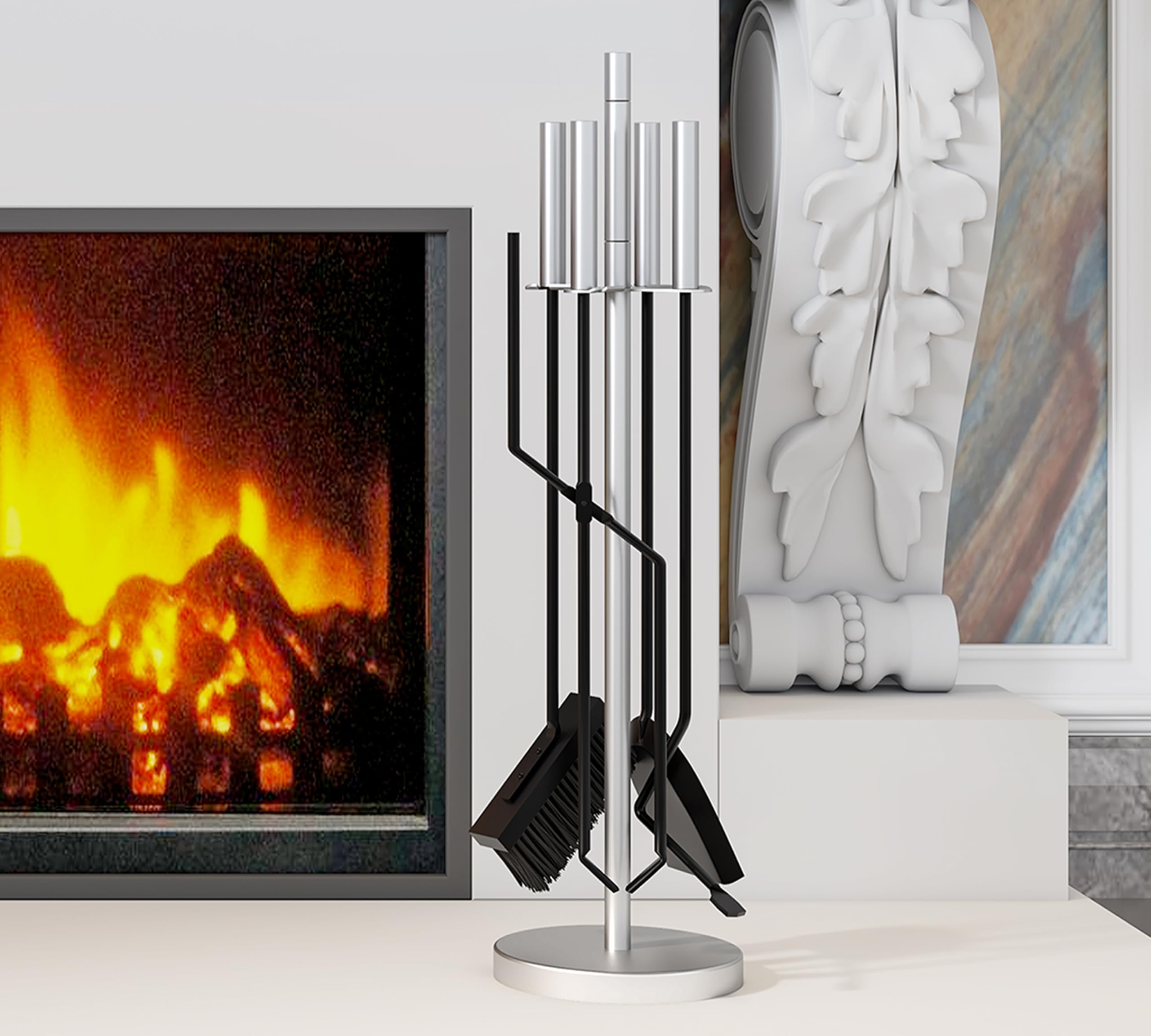Kingson Set Moderno da 5 Pezzi per Camino – Manici e Supporto in Acciaio Inox – Include Spazzola, Attizzatoio, Pinze, Pala – Utensili in Ferro – Set di Attrezzi per Camino per Bruciatore a Legna