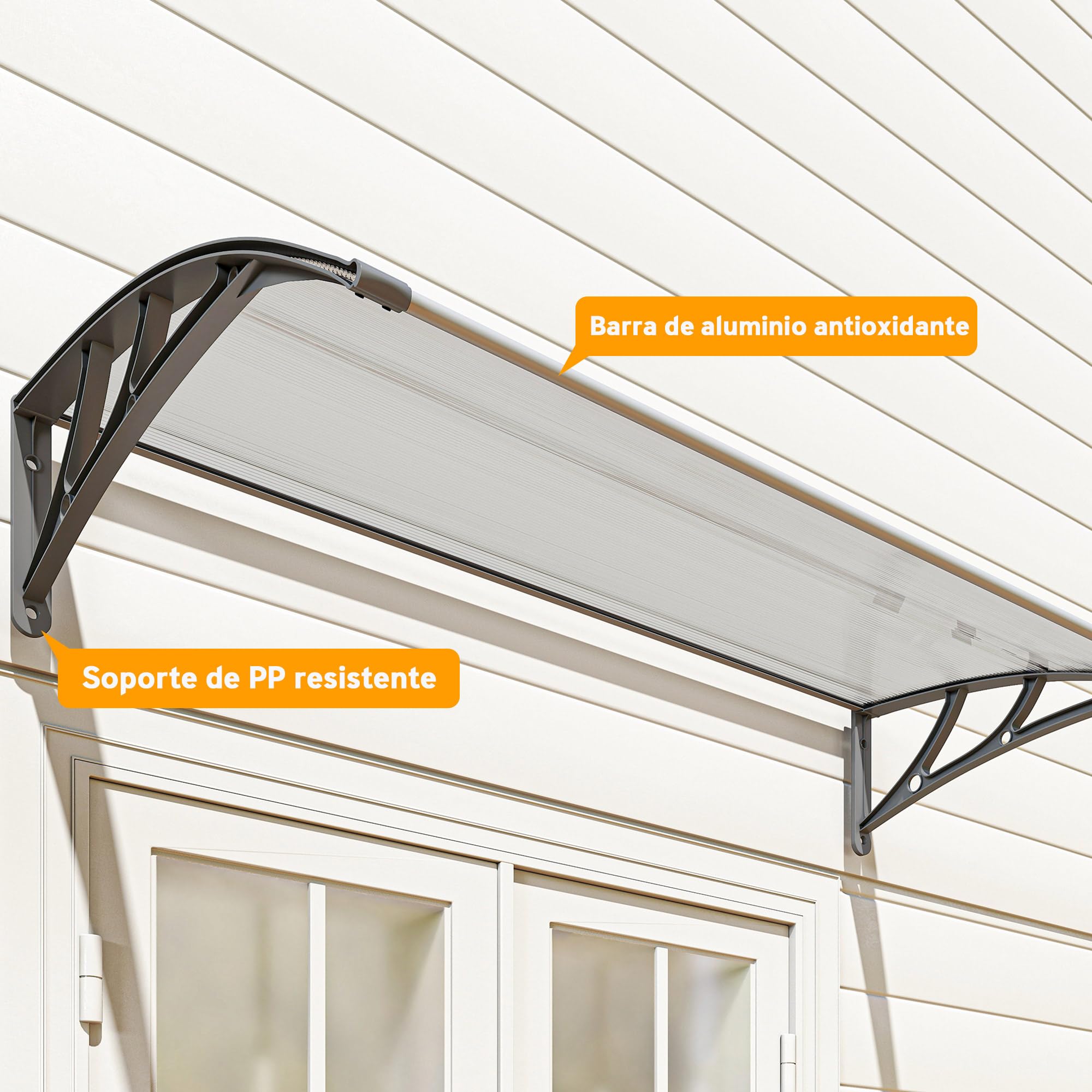 Outsunny Marquesinas Exterior para Puertas y Ventanas, 110x60 cm, Tejadillo de Protección contra Sol y Lluvia, con Cubierta de Policarbonato, Soportes de PP y Regleta de Aluminio, Gris y Transparente