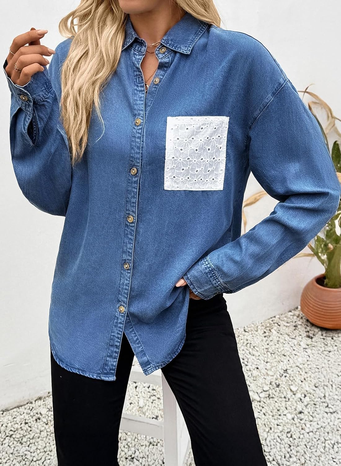 Sidefeel Women's Denim Shirt Button Down Long Sleeve Jean Shirt Shackt with Lace Pocket Denim Top - Image 3