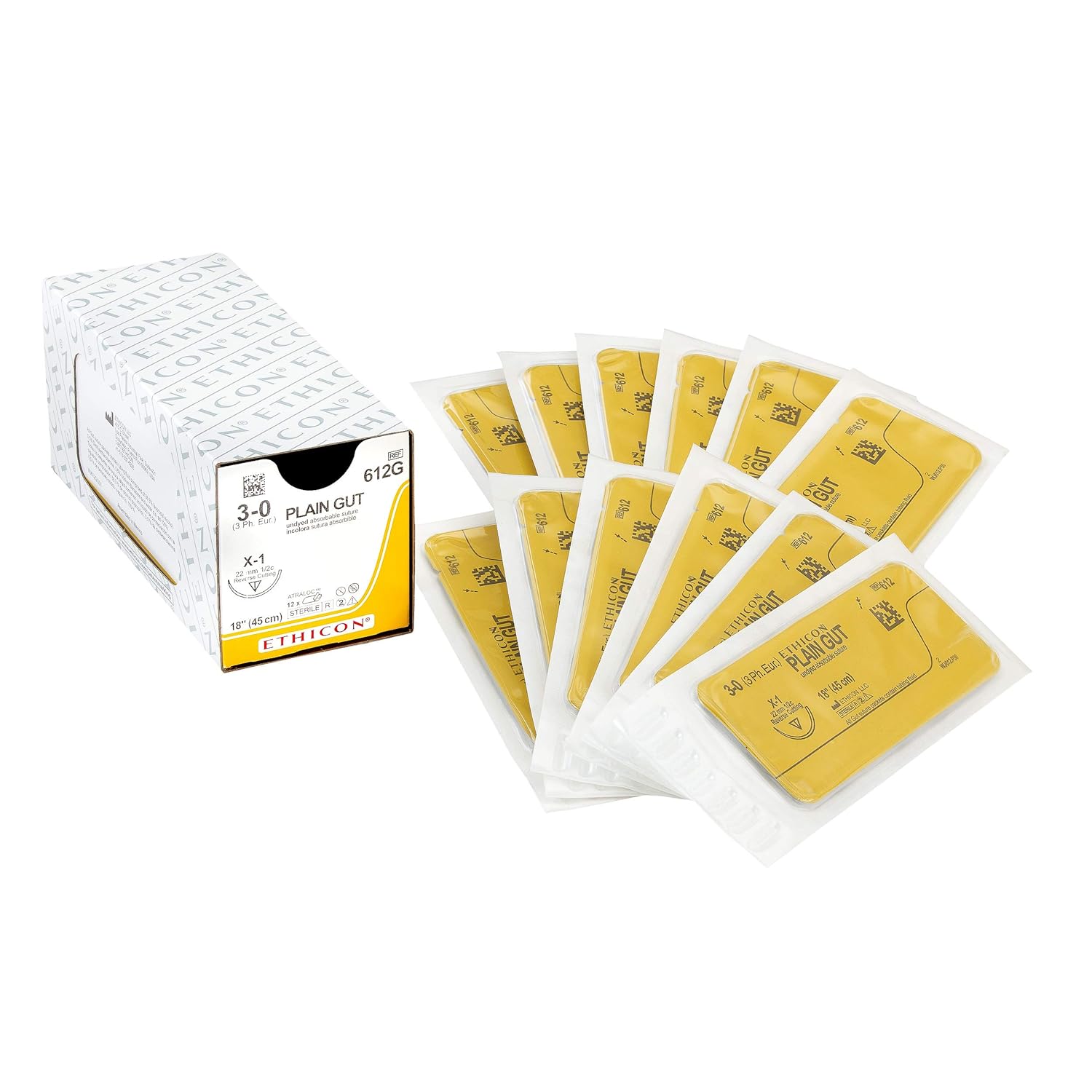 Ethicon 612G Surgical Gut Plain Suture, Natural Absorbable, X-1, 1/2 Circle Needle, Size 3-0, 18" (45)