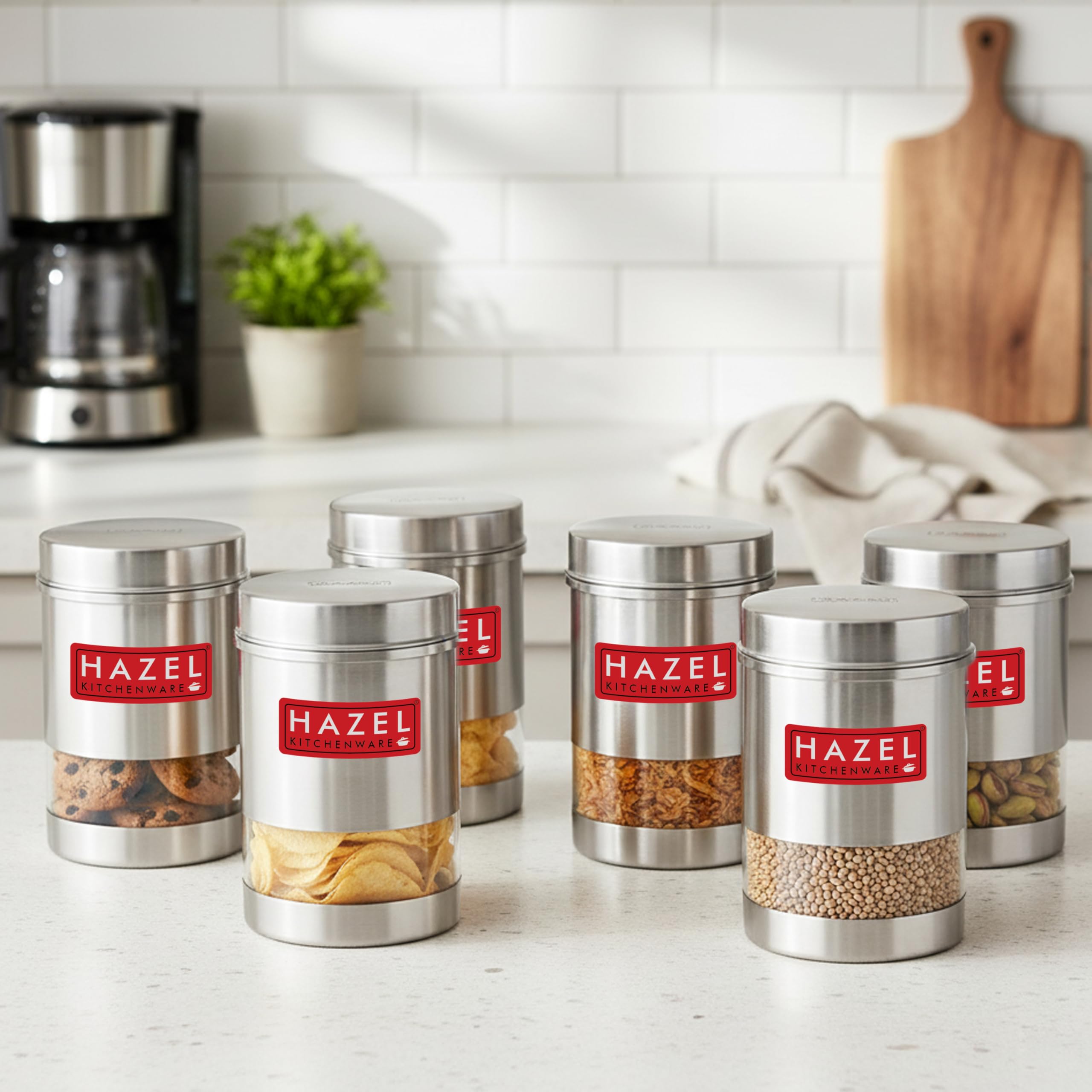 HAZEL Stainless Steel Kitchen Container | 600 ml Each Transparent Kitchen Container Set with Matt Finish | Multipurpose Storage Box for Kitchen, Set of 6