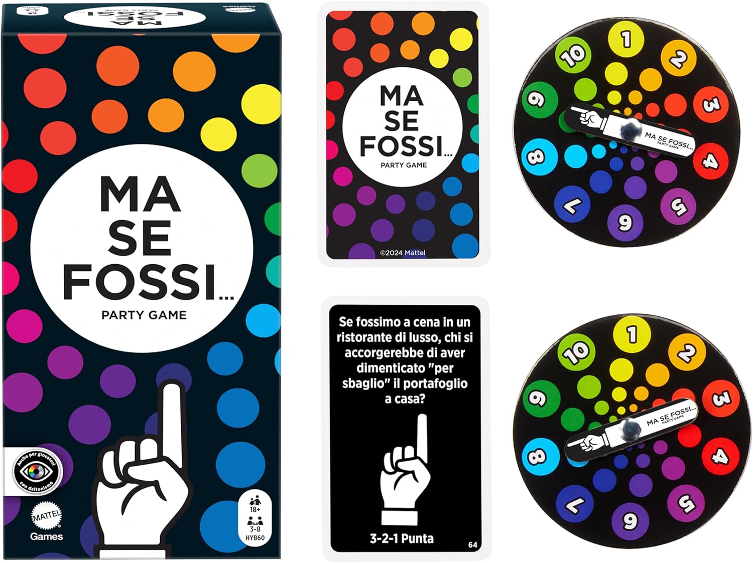 Mattel Games - Ma Se Fossi..., Adult Game with Irreverent Questions for Fun Evenings with Friends with Cards and Scorewheels for 3-8 Players, Italian Version, HYB60