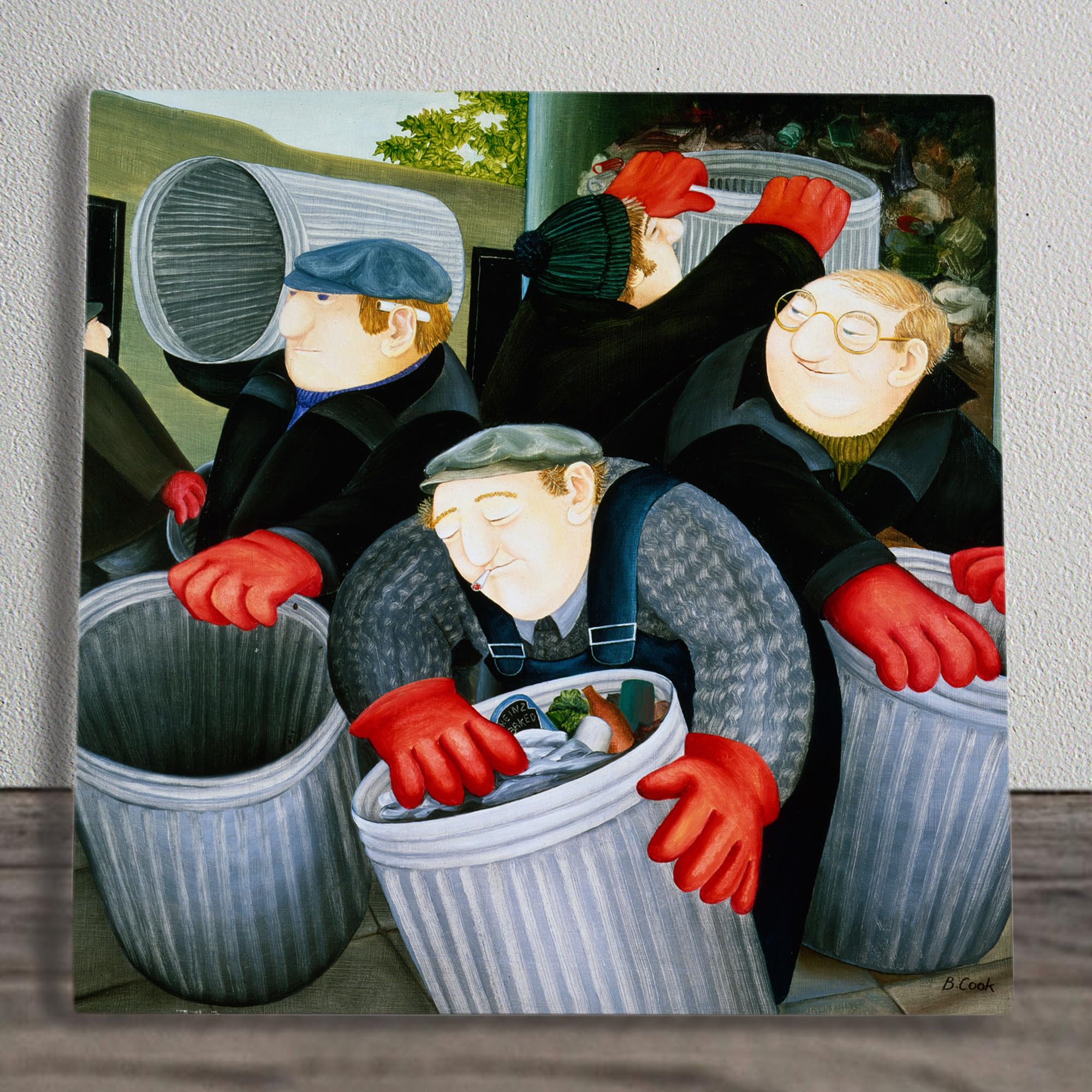 Global Designs Dustbin Men Ceramic Tile Plaque Sign Wall Art Picture By Beryl Cook UV Printed Artwork 20x20cm