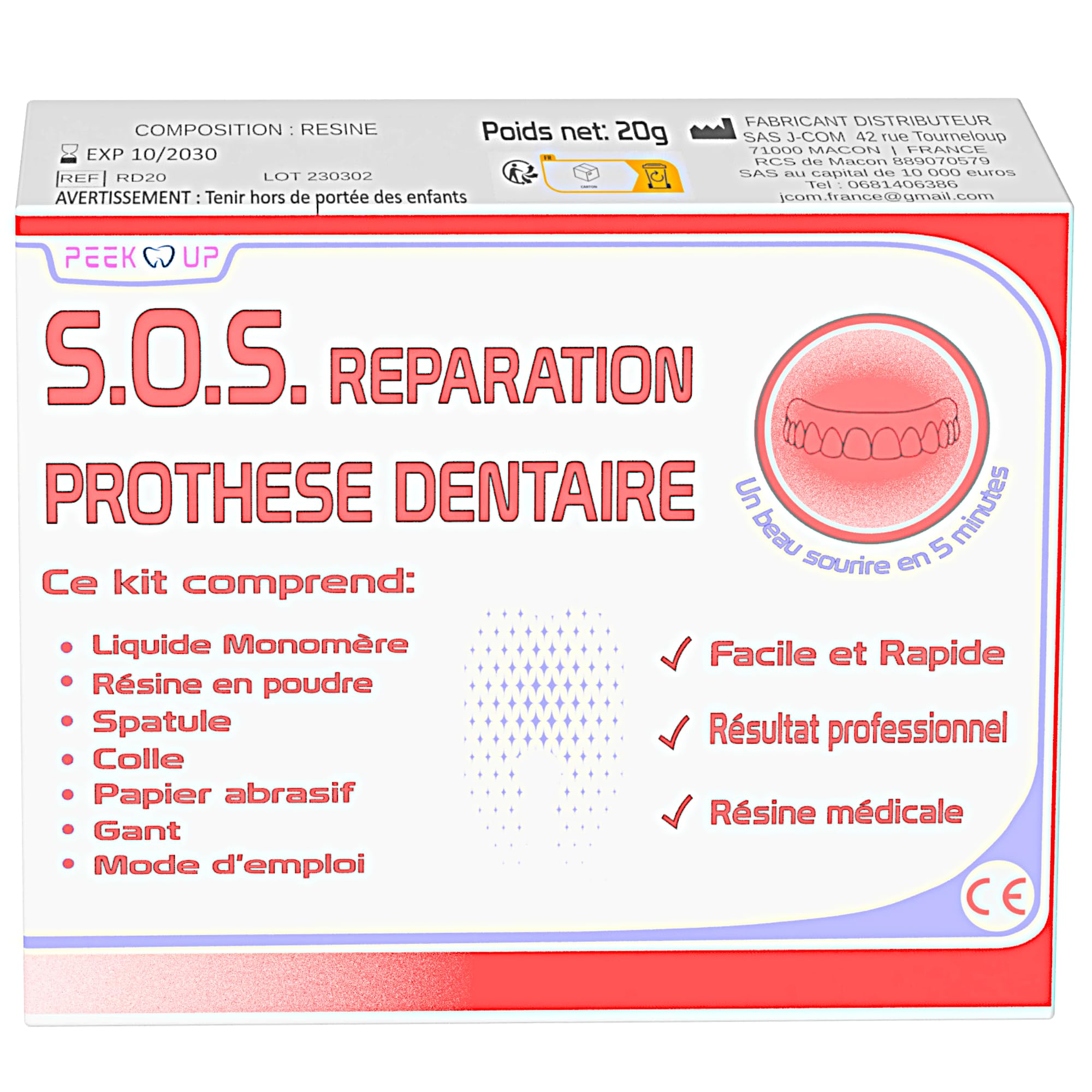 RESINE DENTAIRE KIT POUR 3 REPARATIONS, Réparez votre dentier cassé vous même, prédosé facile d'utilisation.